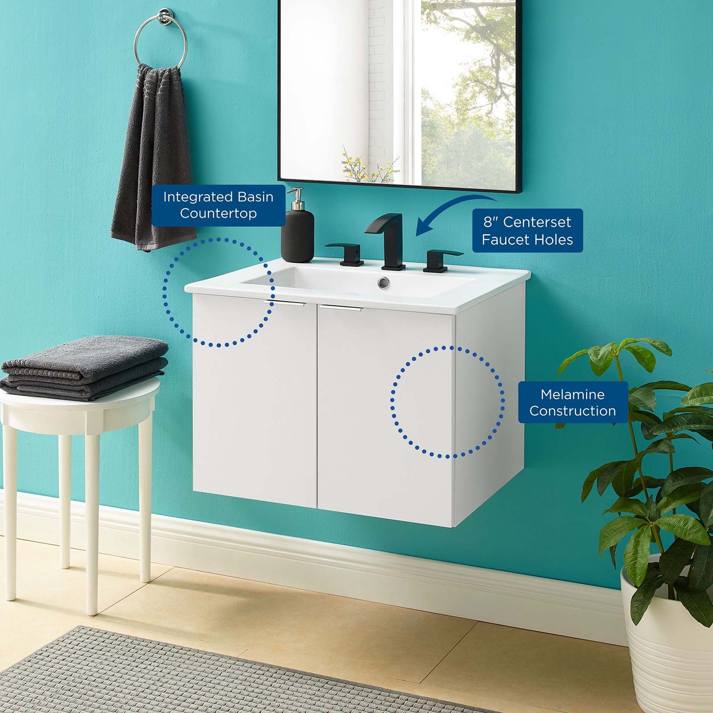 Maybelle 24" Wall-Mount Bathroom Vanity, Melamine, White, 21052