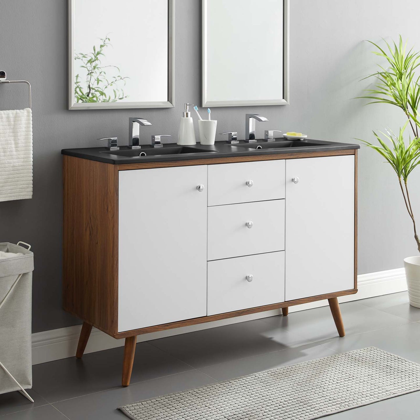 Transmit 48" Double Sink Bathroom Vanity, Wood, Brown Walnut Black, 21053