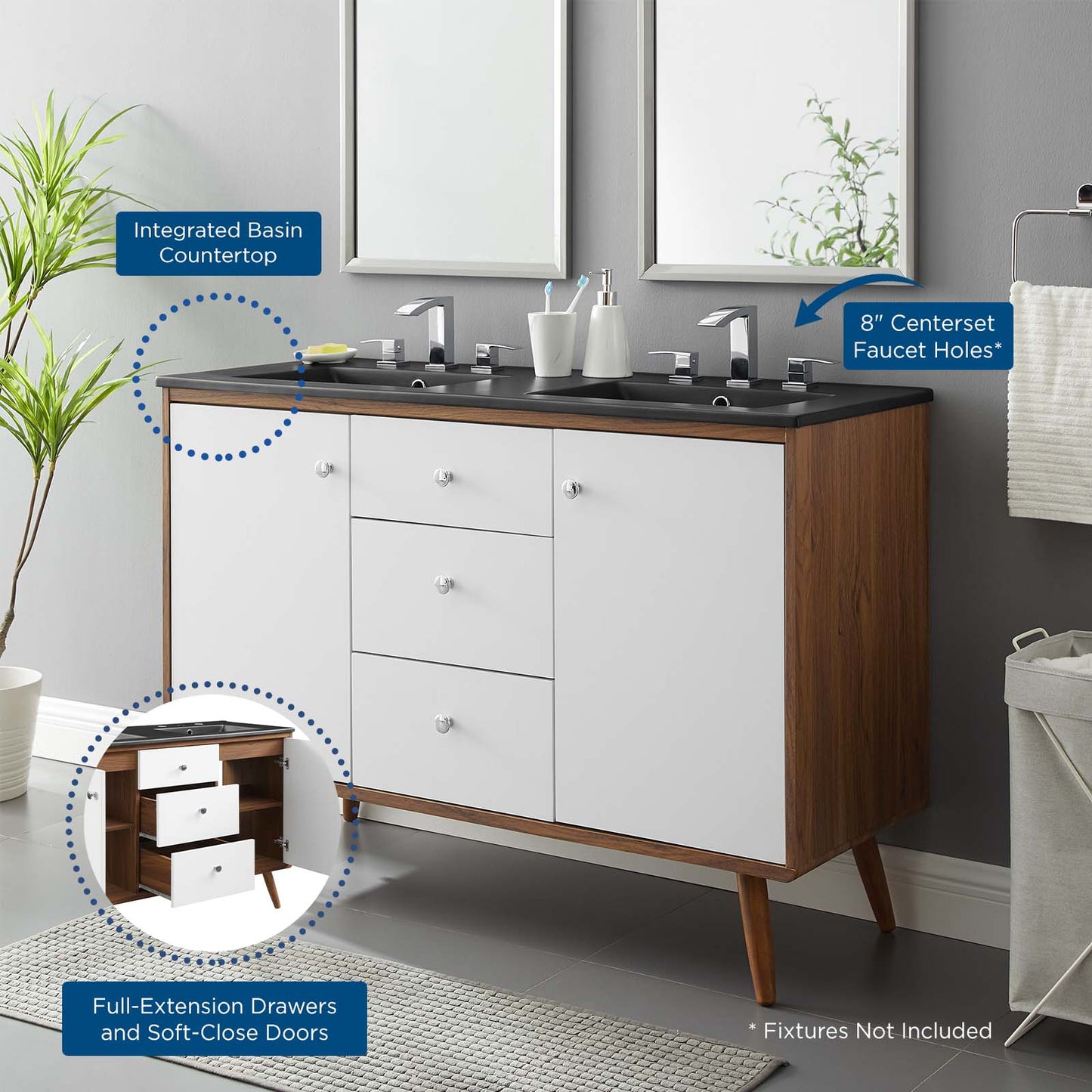 Transmit 48" Double Sink Bathroom Vanity, Wood, Brown Walnut Black, 21053