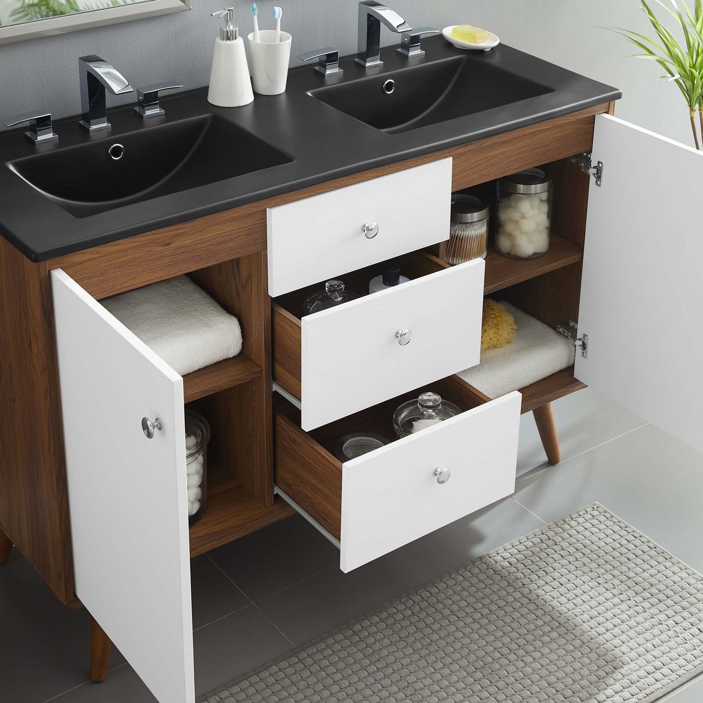 Transmit 48" Double Sink Bathroom Vanity, Wood, Brown Walnut Black, 21053
