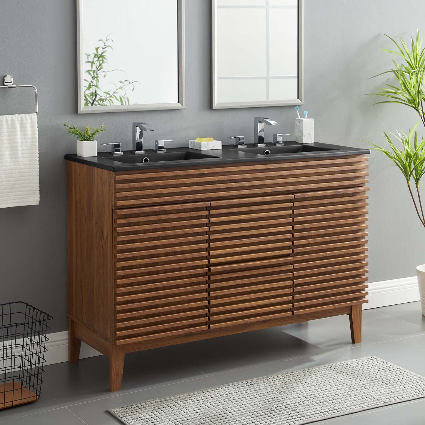 Render 48" Double Sink Bathroom Vanity, Wood, Brown Walnut Black, 21054