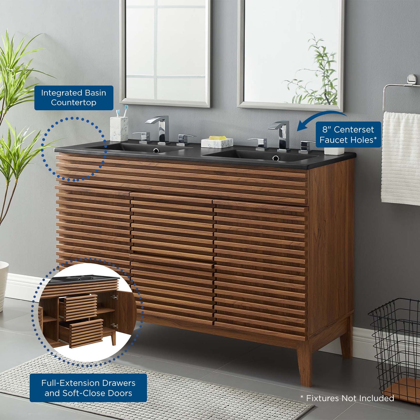 Render 48" Double Sink Bathroom Vanity, Wood, Brown Walnut Black, 21054
