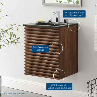 Render 18" Wall-Mount Bathroom Vanity, Wood, Brown Walnut Black, 21058