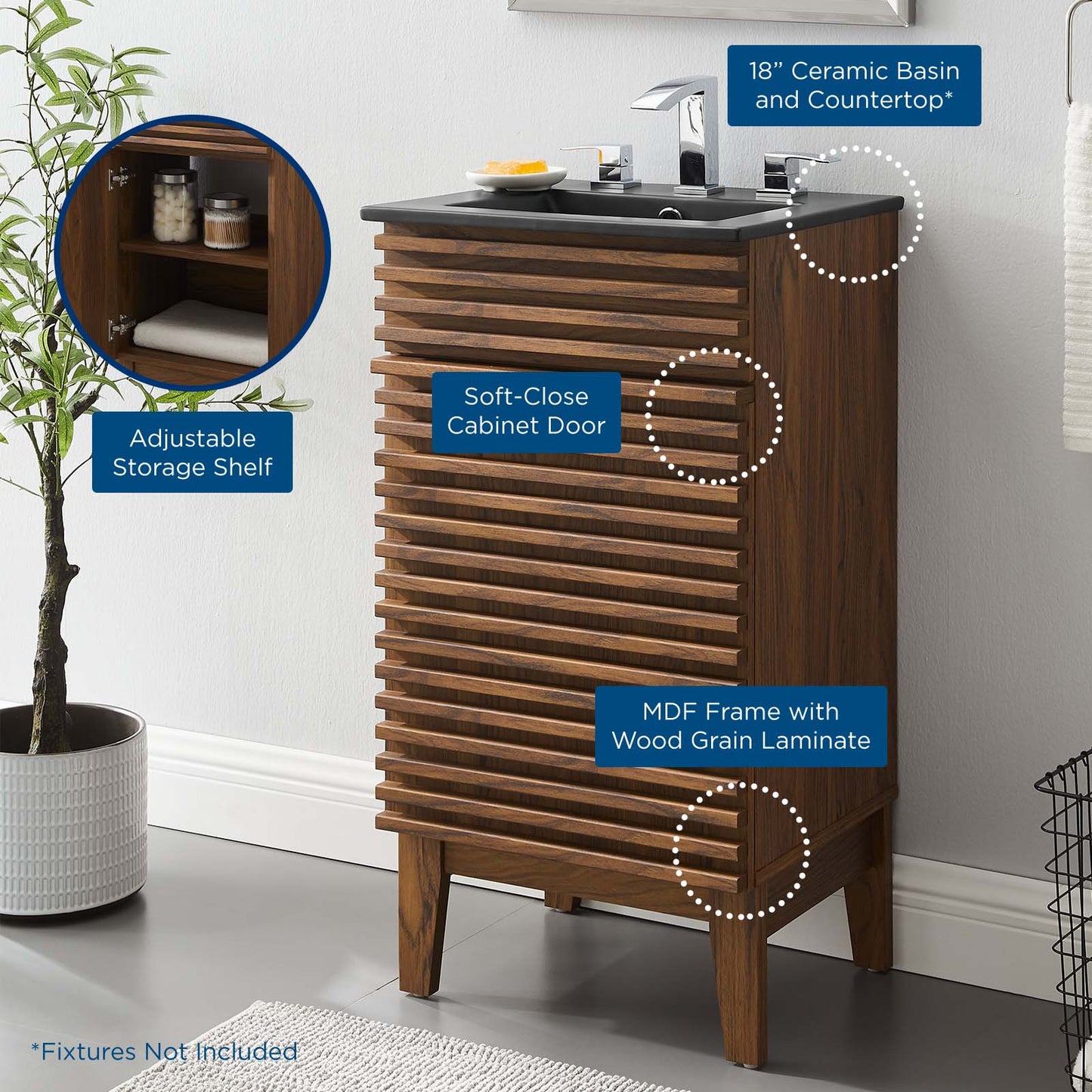 Render 18" Bathroom Vanity, Wood, Brown Walnut Black, 21059