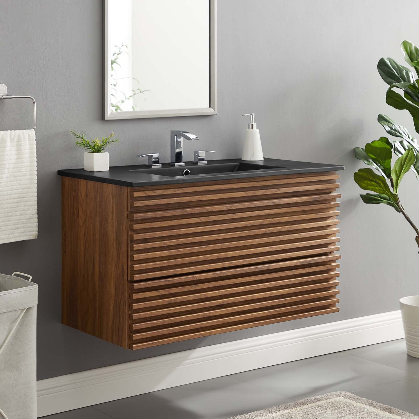 Render 36" Wall-Mount Bathroom Vanity, Wood, Brown Walnut Black, 21063