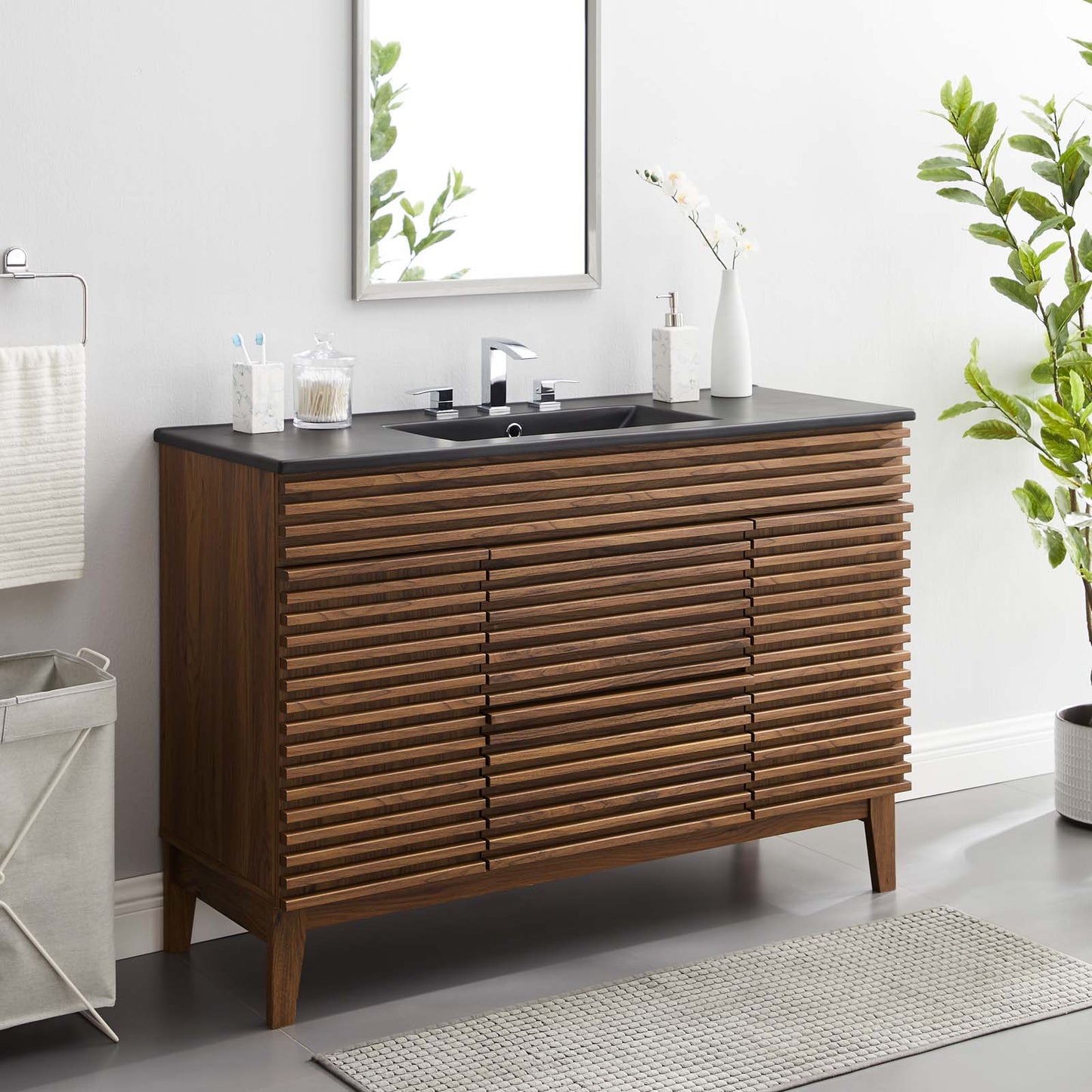 Render 48" Single Sink Bathroom Vanity, Wood, Brown Walnut Black, 21066