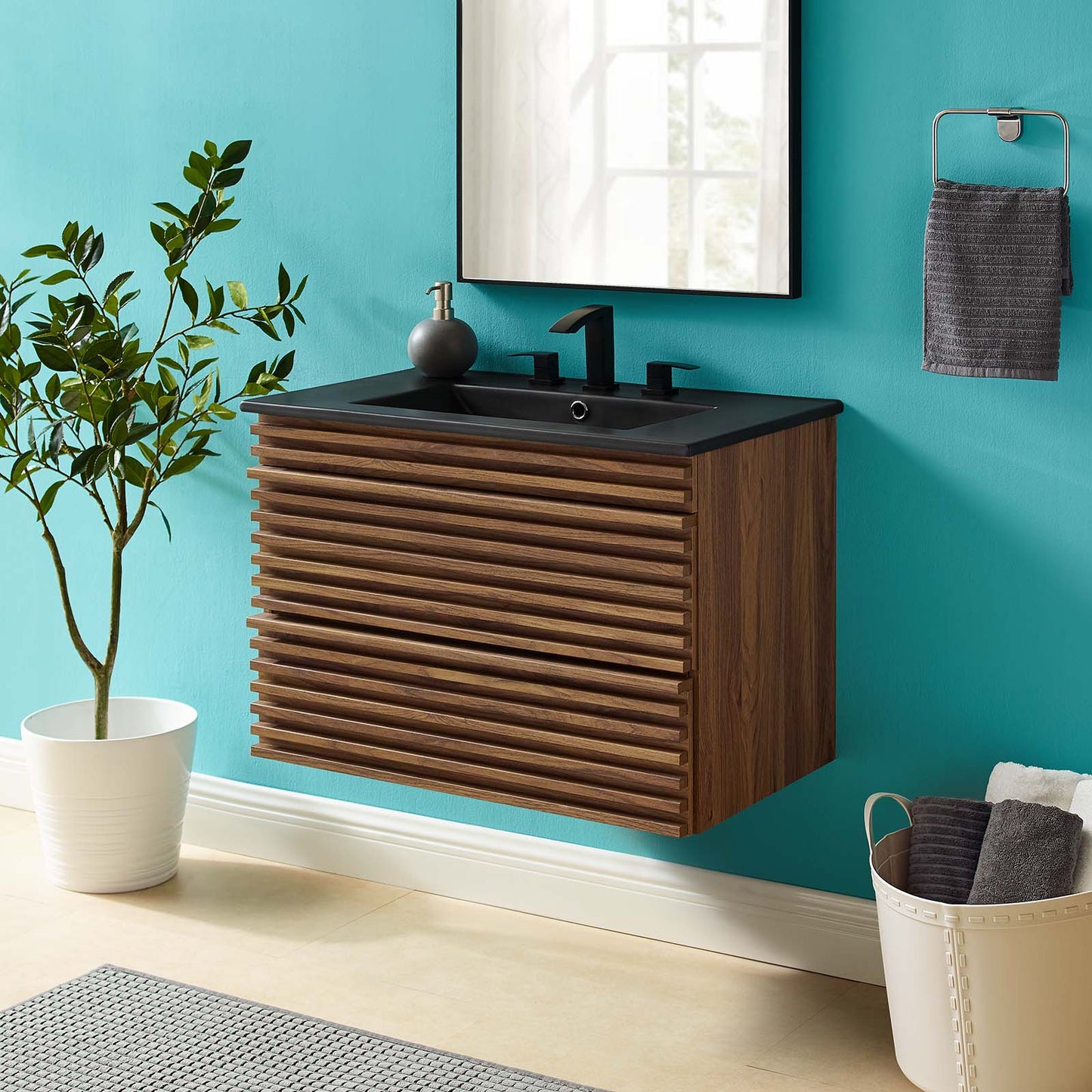 Render 30" Wall-Mount Bathroom Vanity, Wood, Brown Walnut Black, 21114