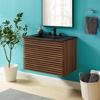 Render 30" Wall-Mount Bathroom Vanity, Wood, Brown Walnut Black, 21114