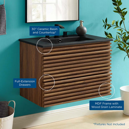 Render 30" Wall-Mount Bathroom Vanity, Wood, Brown Walnut Black, 21114