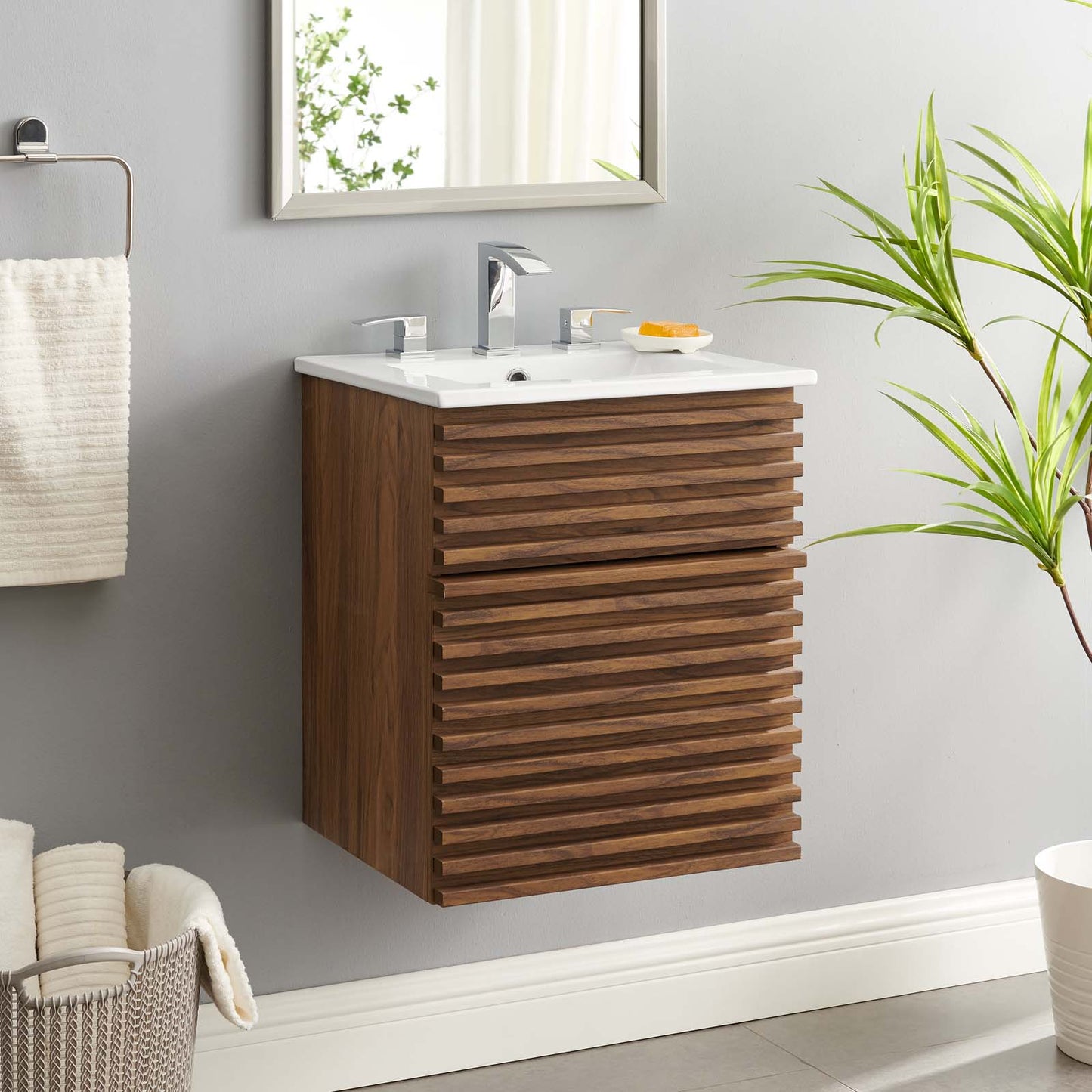 Render 18" Wall-Mount Bathroom Vanity, Wood, Brown Walnut White, 21116