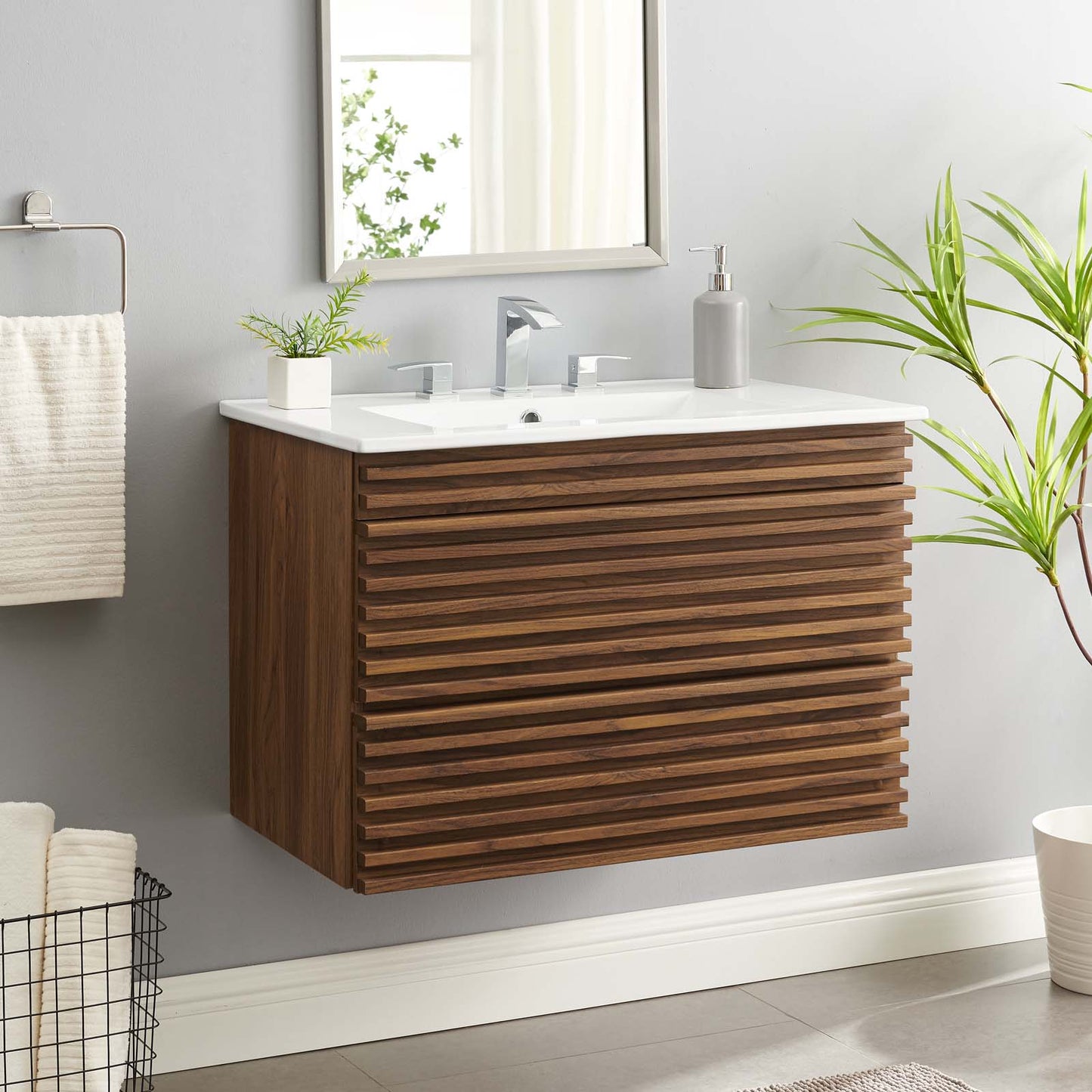 Render 30" Wall-Mount Bathroom Vanity, Wood, Brown Walnut White, 21118
