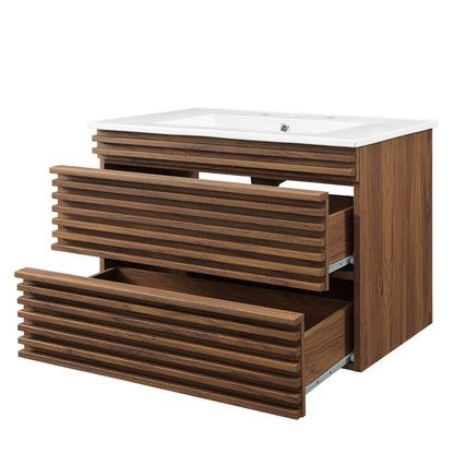 Render 30" Wall-Mount Bathroom Vanity, Wood, Brown Walnut White, 21118