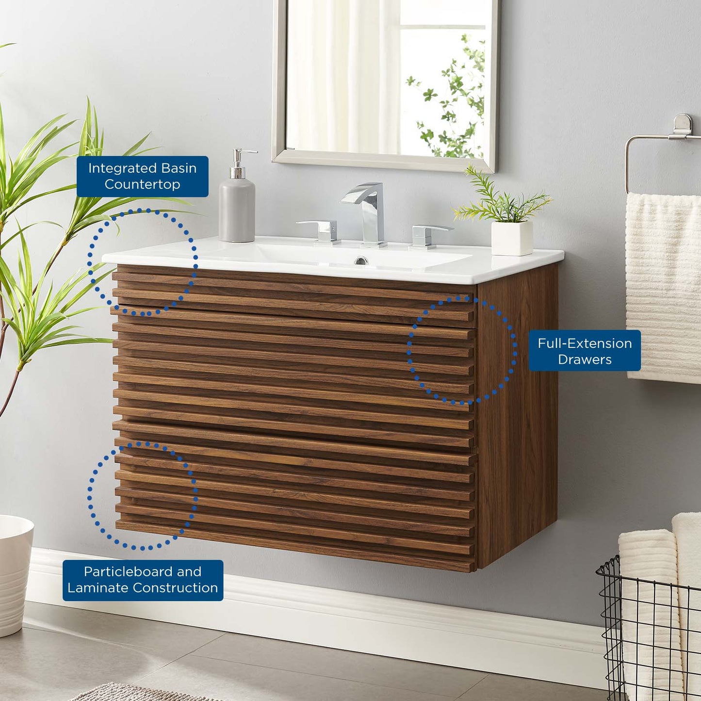 Render 30" Wall-Mount Bathroom Vanity, Wood, Brown Walnut White, 21118