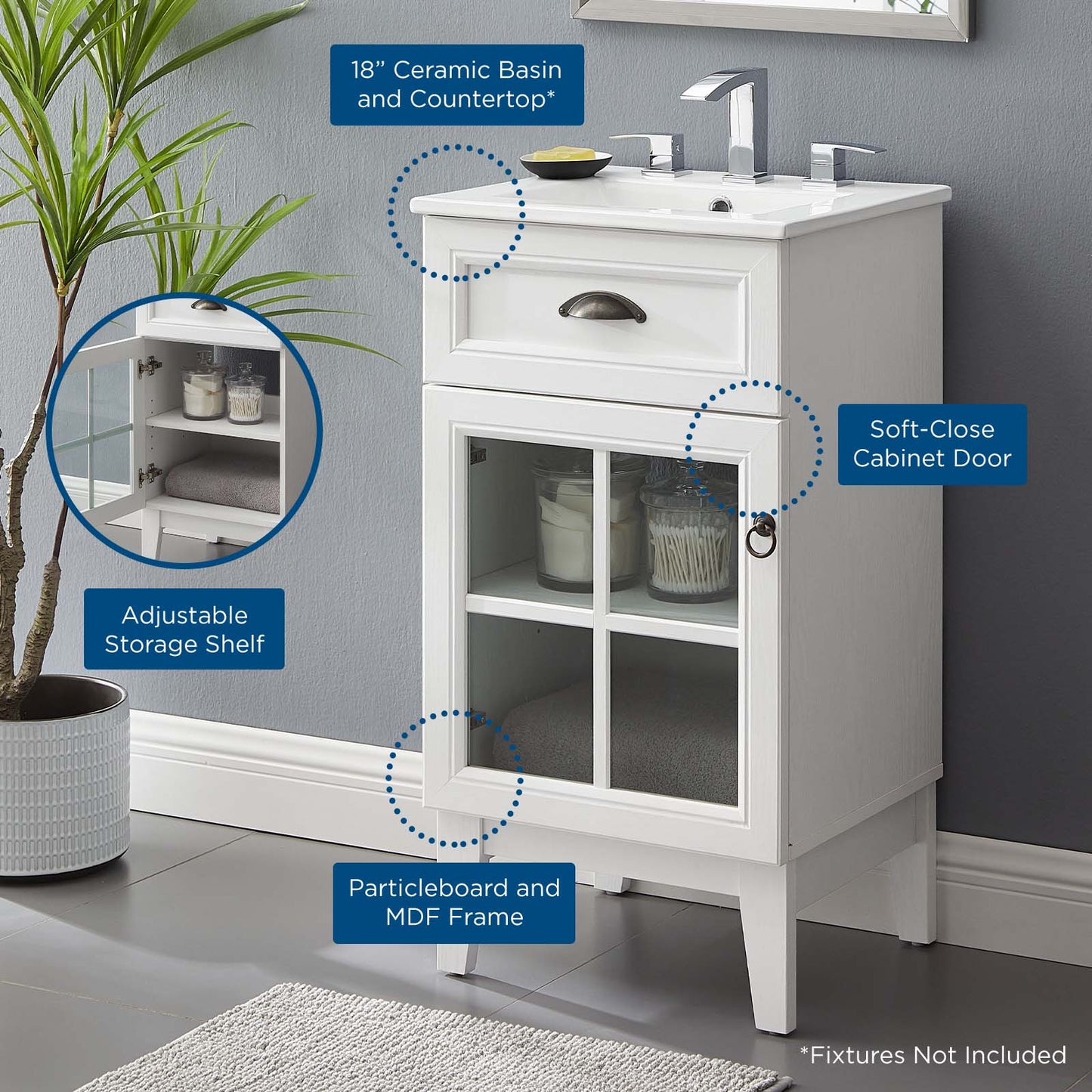 Isle 18" Bathroom Vanity Cabinet, Wood, White, 23161