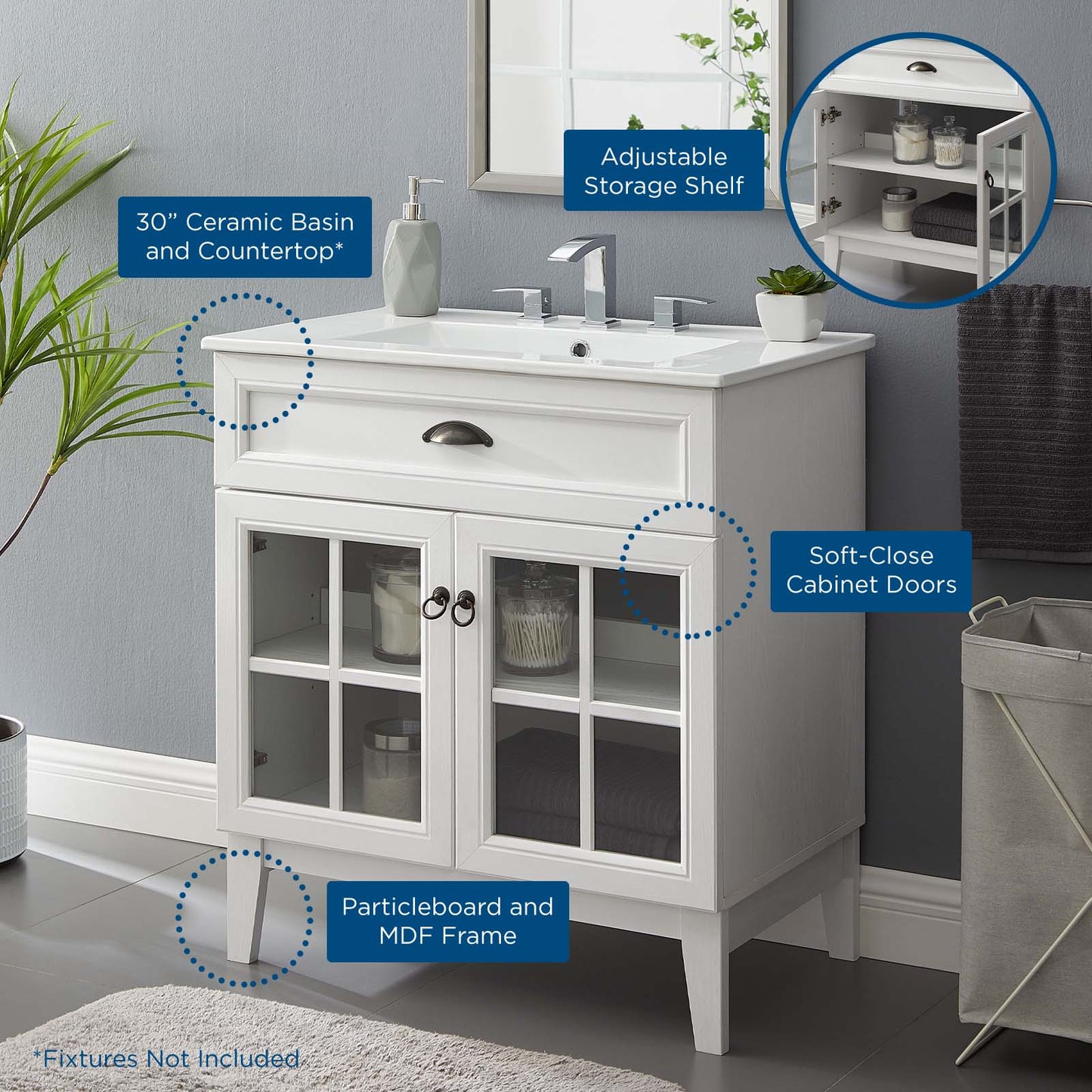 Isle 30" Bathroom Vanity Cabinet, Wood, White, 23609