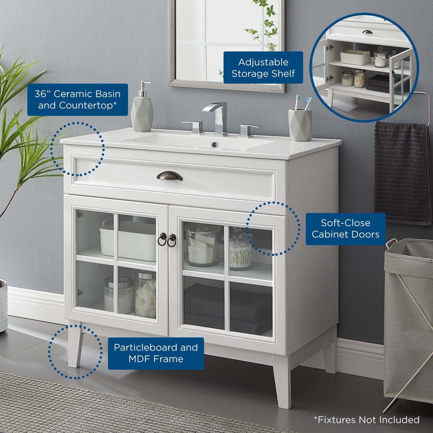 Isle 36" Bathroom Vanity Cabinet, Wood, White, 23372