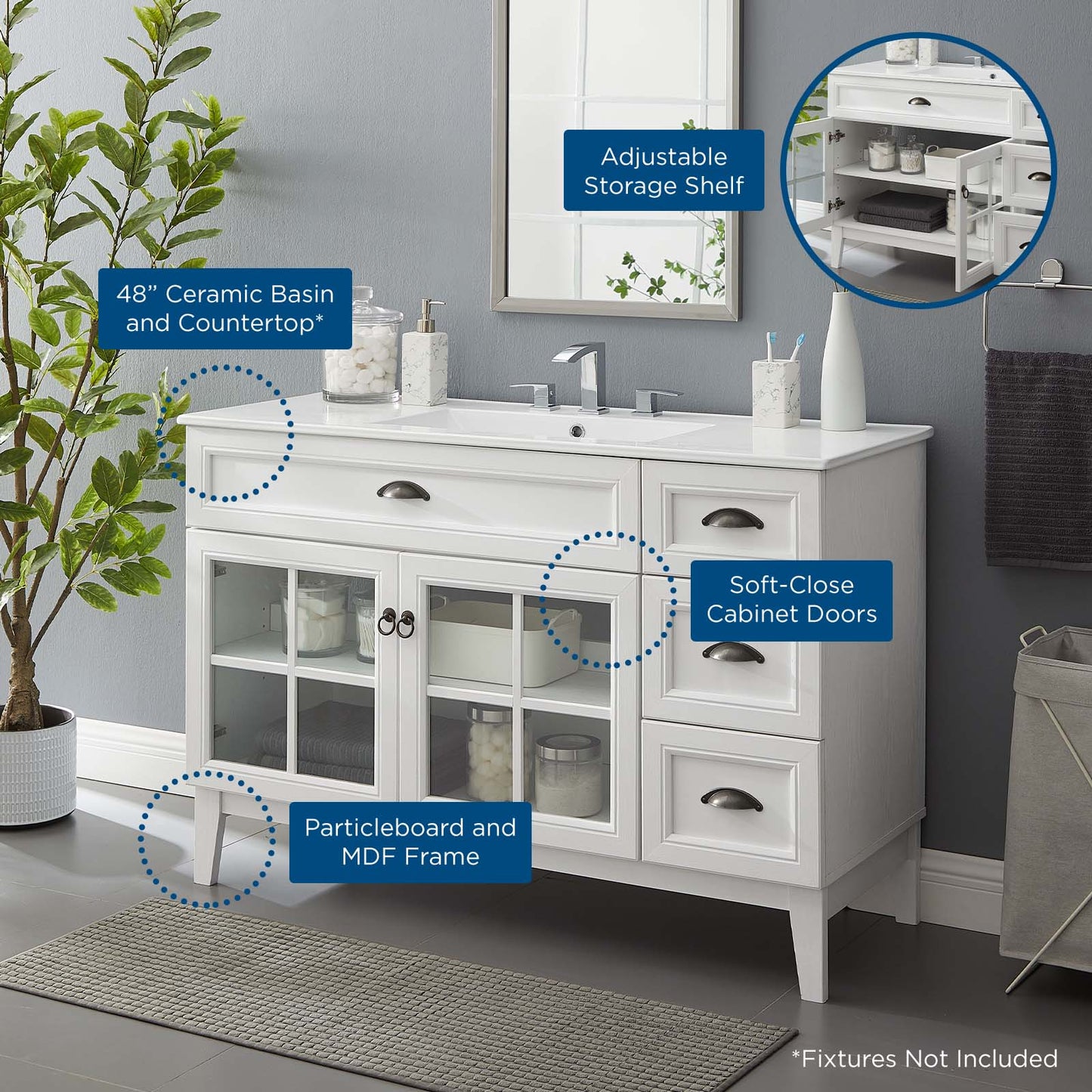 Isle 48" Bathroom Vanity Cabinet, Wood, White, 23601