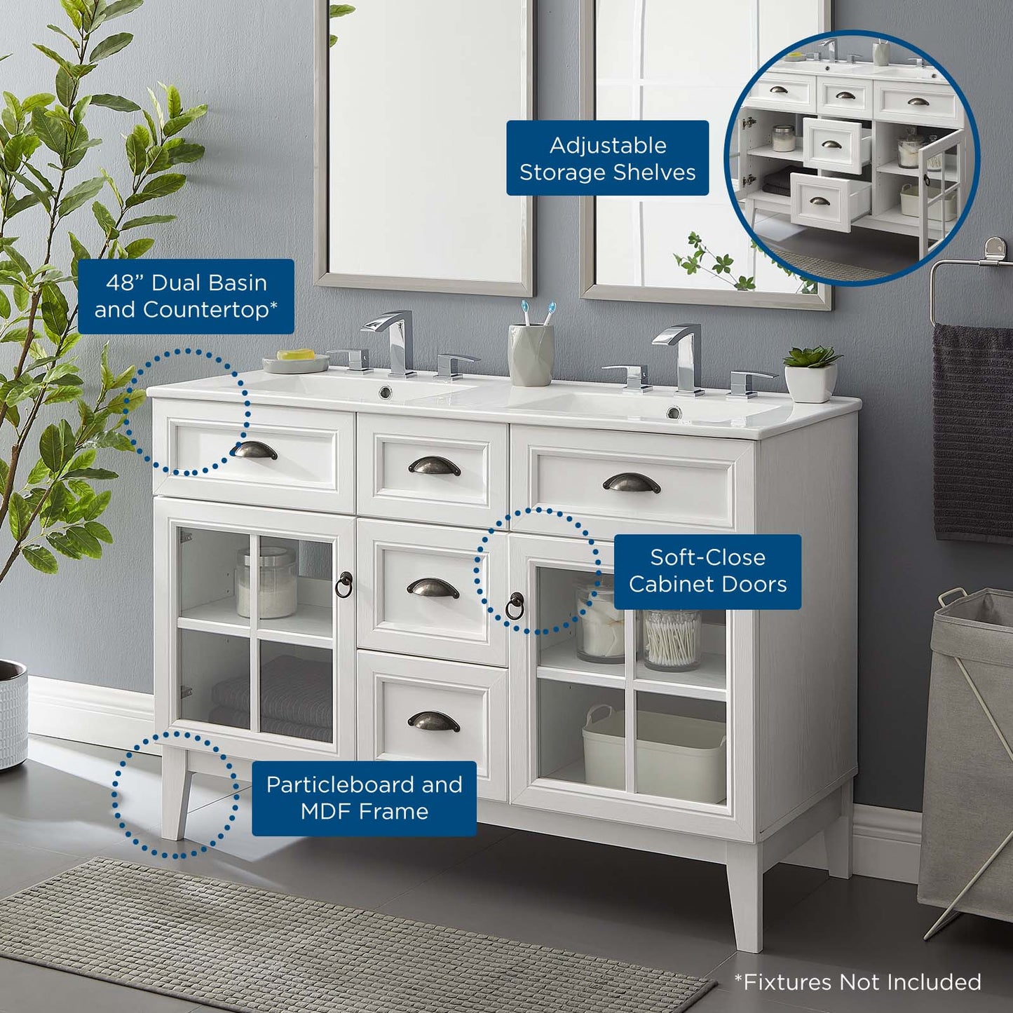 Isle 48" Double Bathroom Vanity Cabinet, Wood, White, 23602