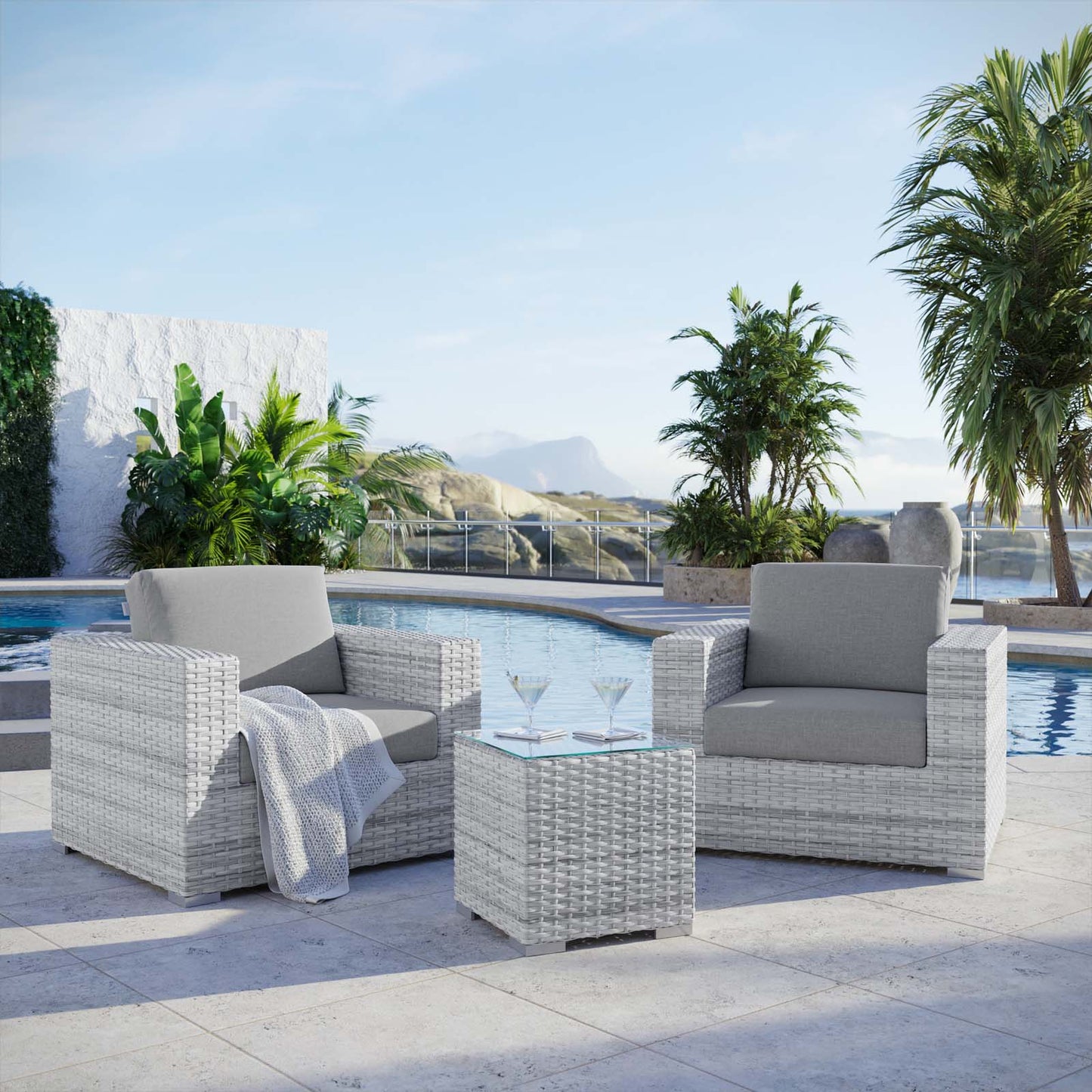 Convene 3-Piece Outdoor Patio Set, Rattan, Wicker, Grey Gray, 21121