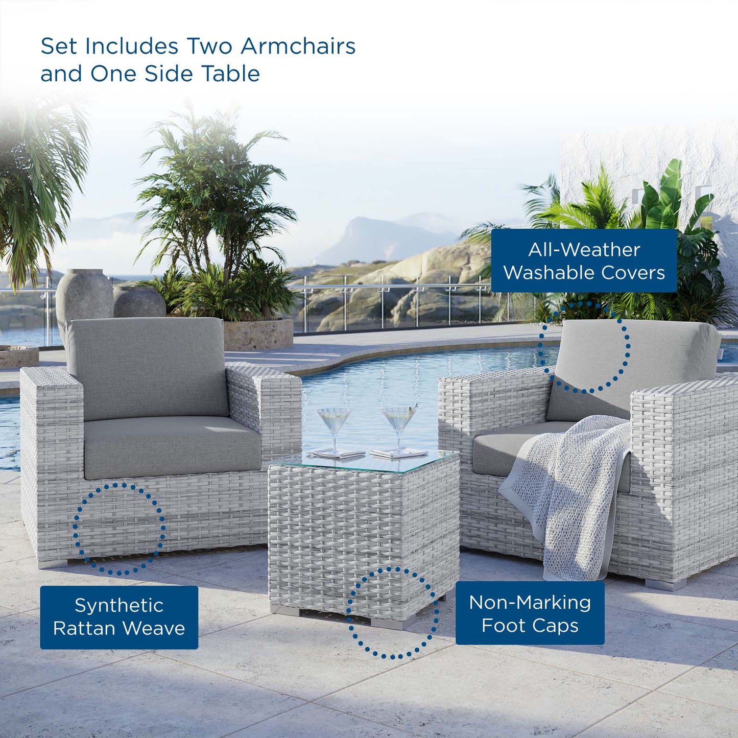 Convene 3-Piece Outdoor Patio Set, Rattan, Wicker, Grey Gray, 21121