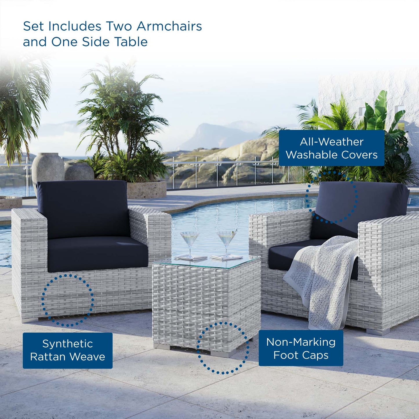 Convene 3-Piece Outdoor Patio Set, Rattan, Wicker, Light Grey Gray Blue Navy, 21123