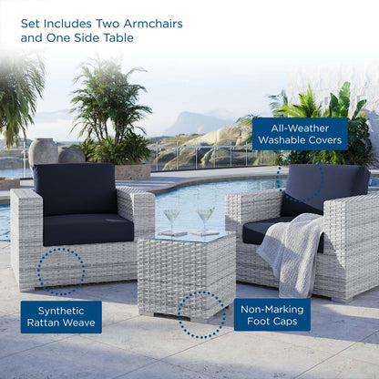 Convene 3-Piece Outdoor Patio Set, Rattan, Wicker, Light Grey Gray Blue Navy, 21123