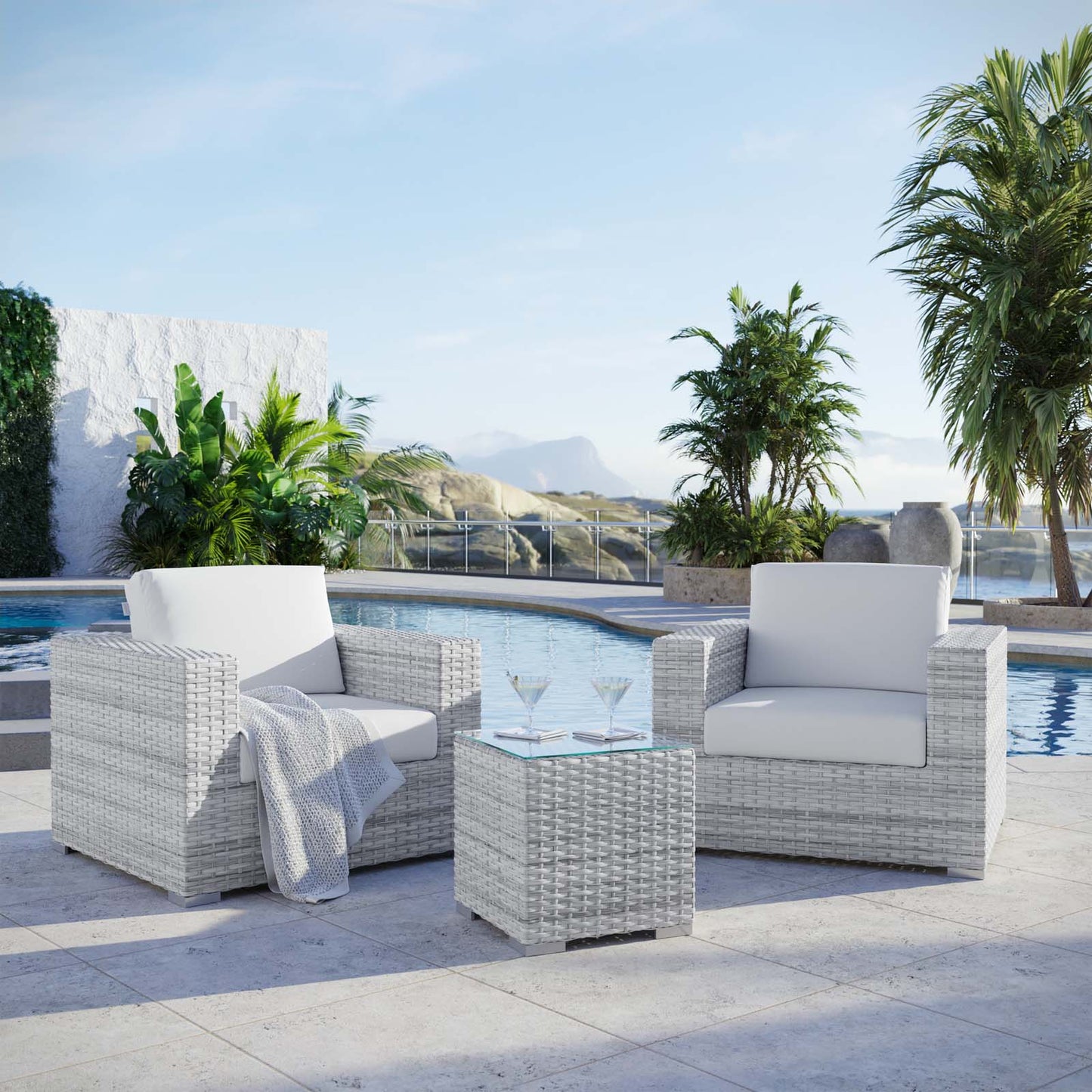 Convene 3-Piece Outdoor Patio Set, Rattan, Wicker, Light Grey Gray White, 21124