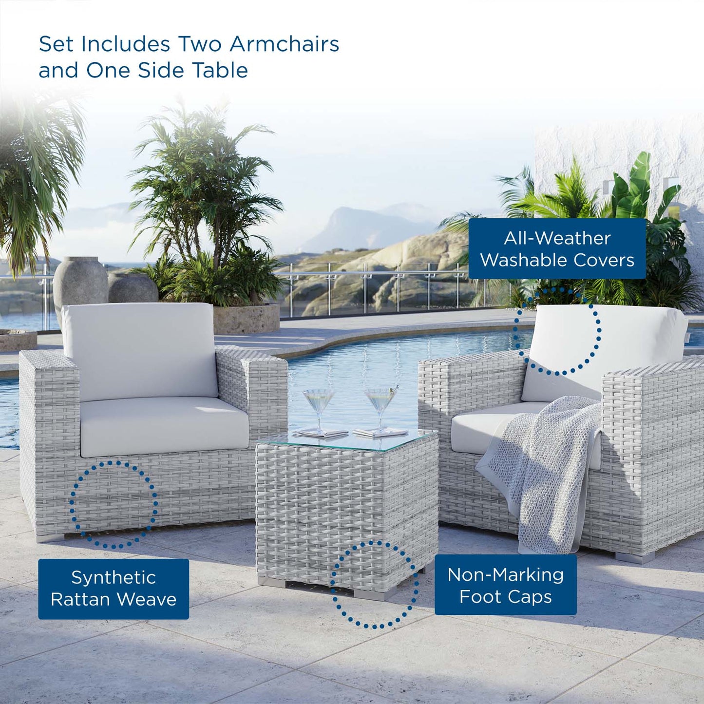 Convene 3-Piece Outdoor Patio Set, Rattan, Wicker, Light Grey Gray White, 21124