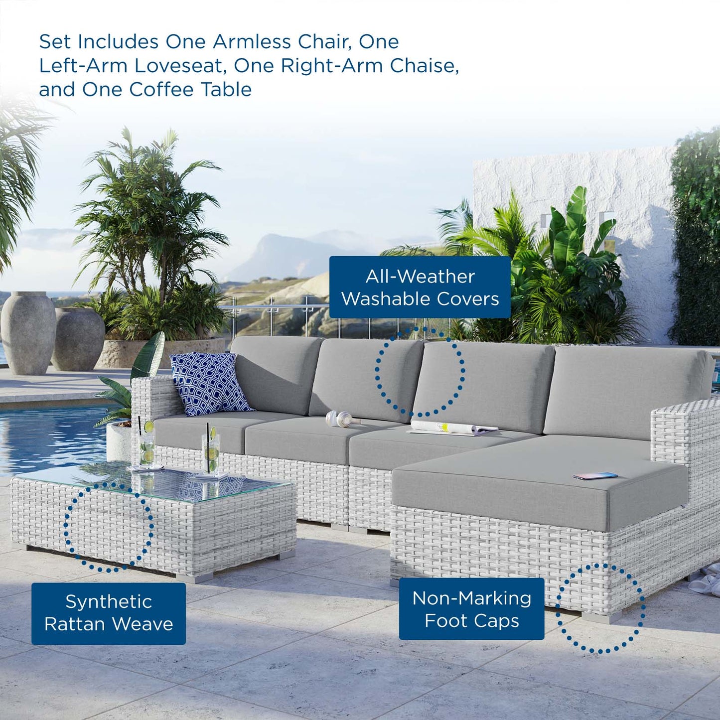Convene 4-Piece Outdoor Patio Sectional Set, Rattan, Wicker, Grey Gray, 21126