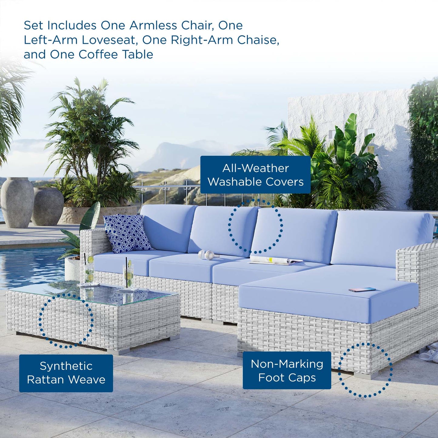 Convene 4-Piece Outdoor Patio Sectional Set, Rattan, Wicker, Light Grey Gray Light Blue, 21127