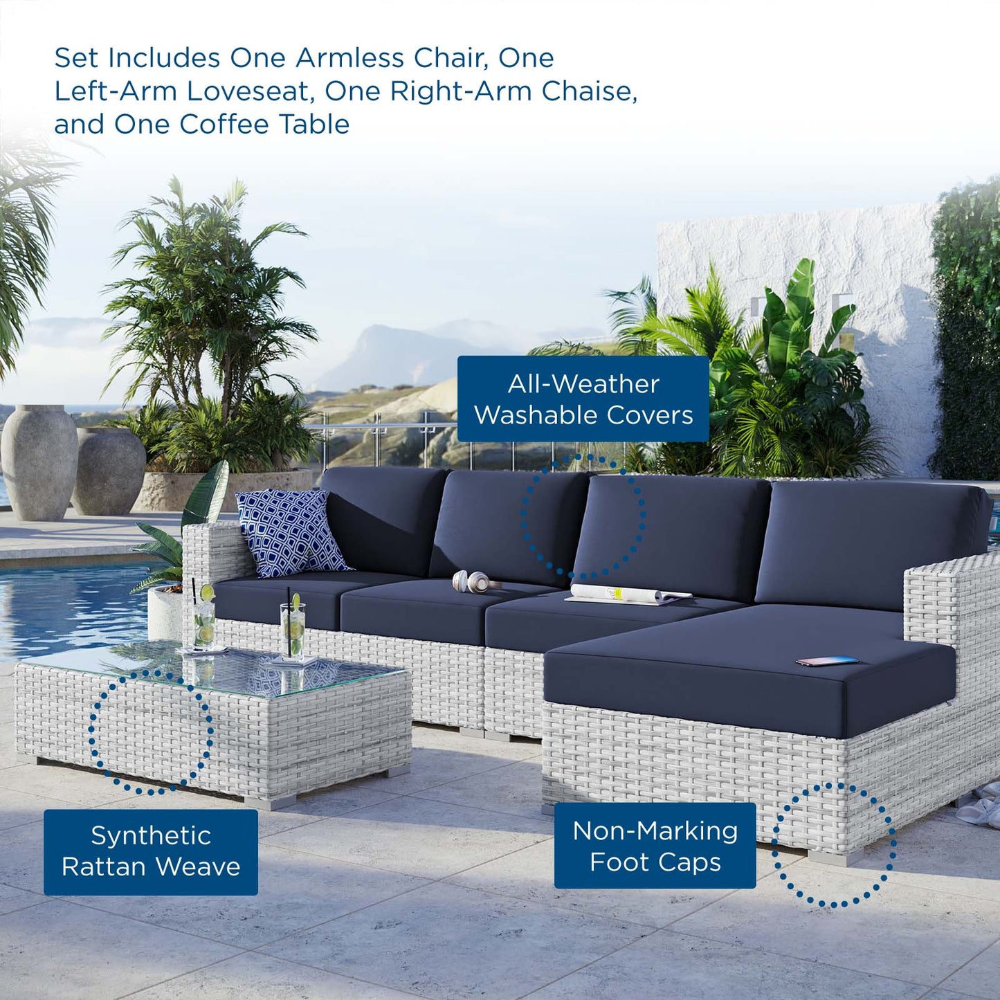 Convene 4-Piece Outdoor Patio Sectional Set, Rattan, Wicker, Light Grey Gray Blue Navy, 21128
