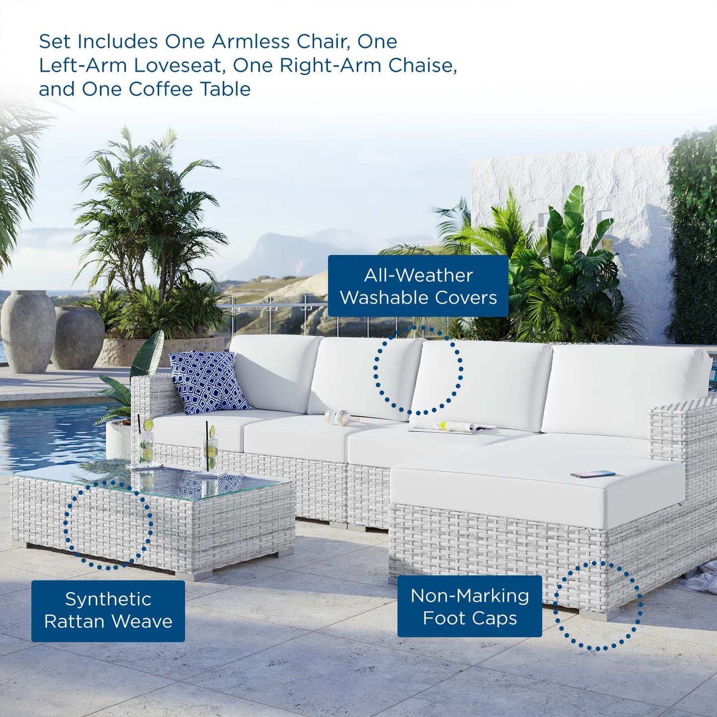 Convene 4-Piece Outdoor Patio Sectional Set, Rattan, Wicker, Light Grey Gray White, 21129