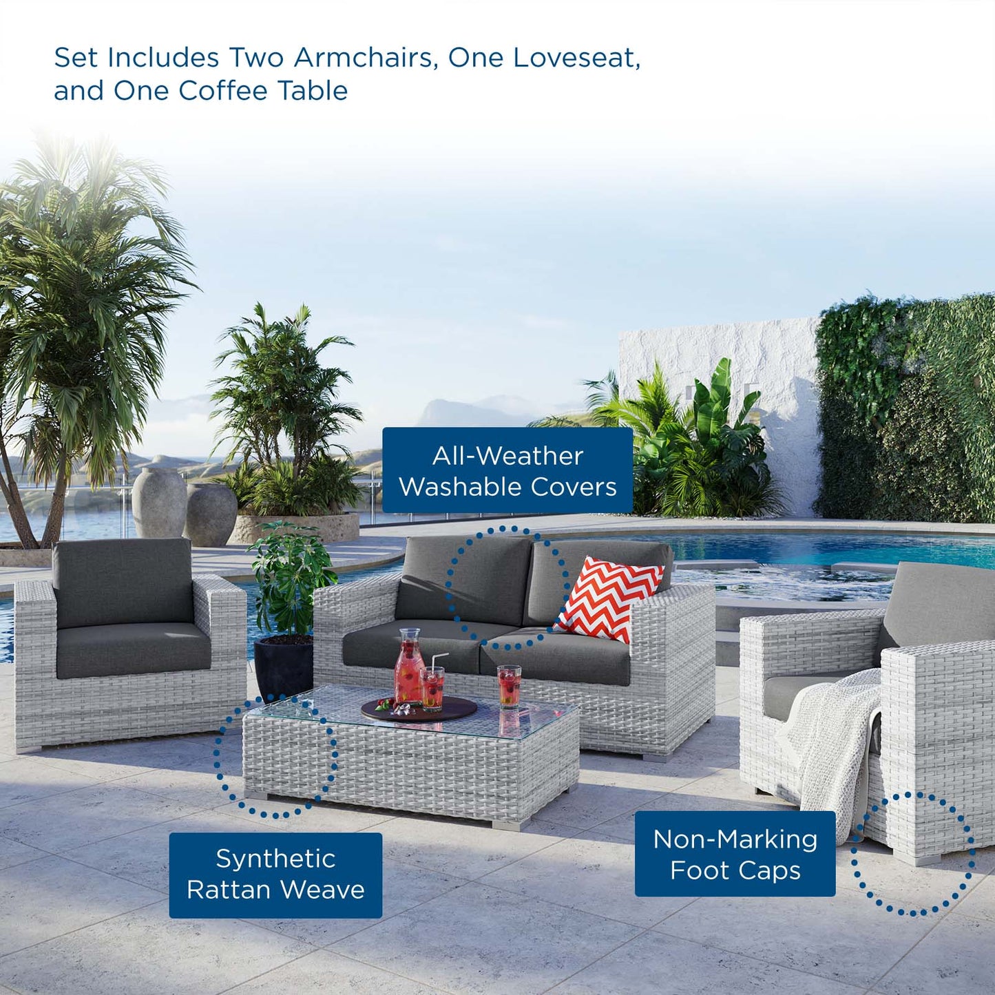 Convene 4-Piece Outdoor Patio Set, Rattan, Wicker, Grey Gray, 21130