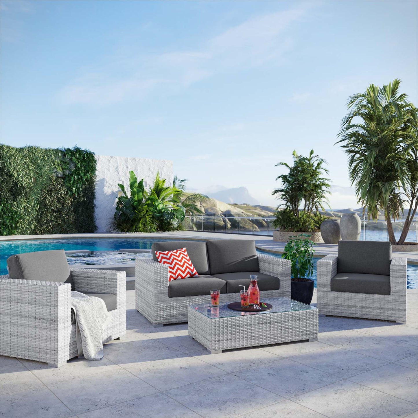 Convene 4-Piece Outdoor Patio Set, Rattan, Wicker, Grey Gray, 21130
