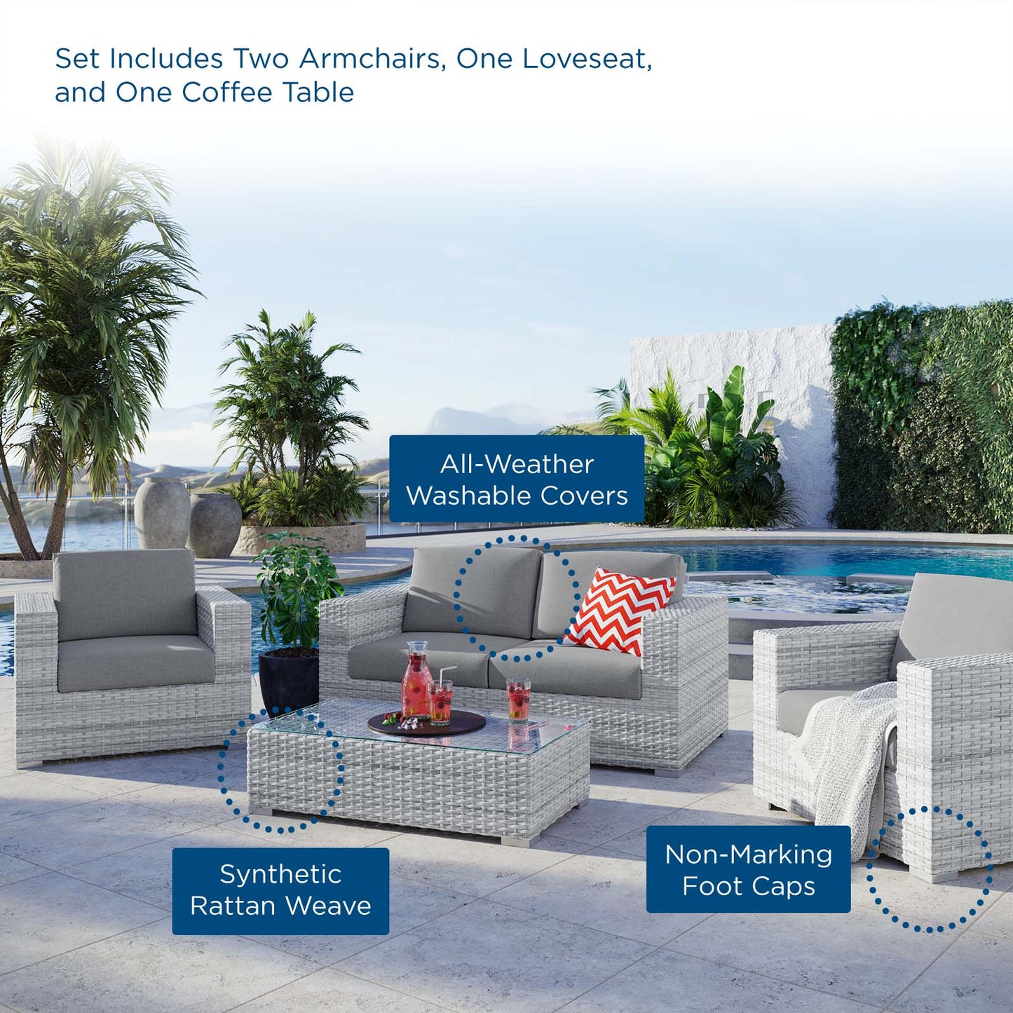 Convene 4-Piece Outdoor Patio Set, Rattan, Wicker, Grey Gray, 21131
