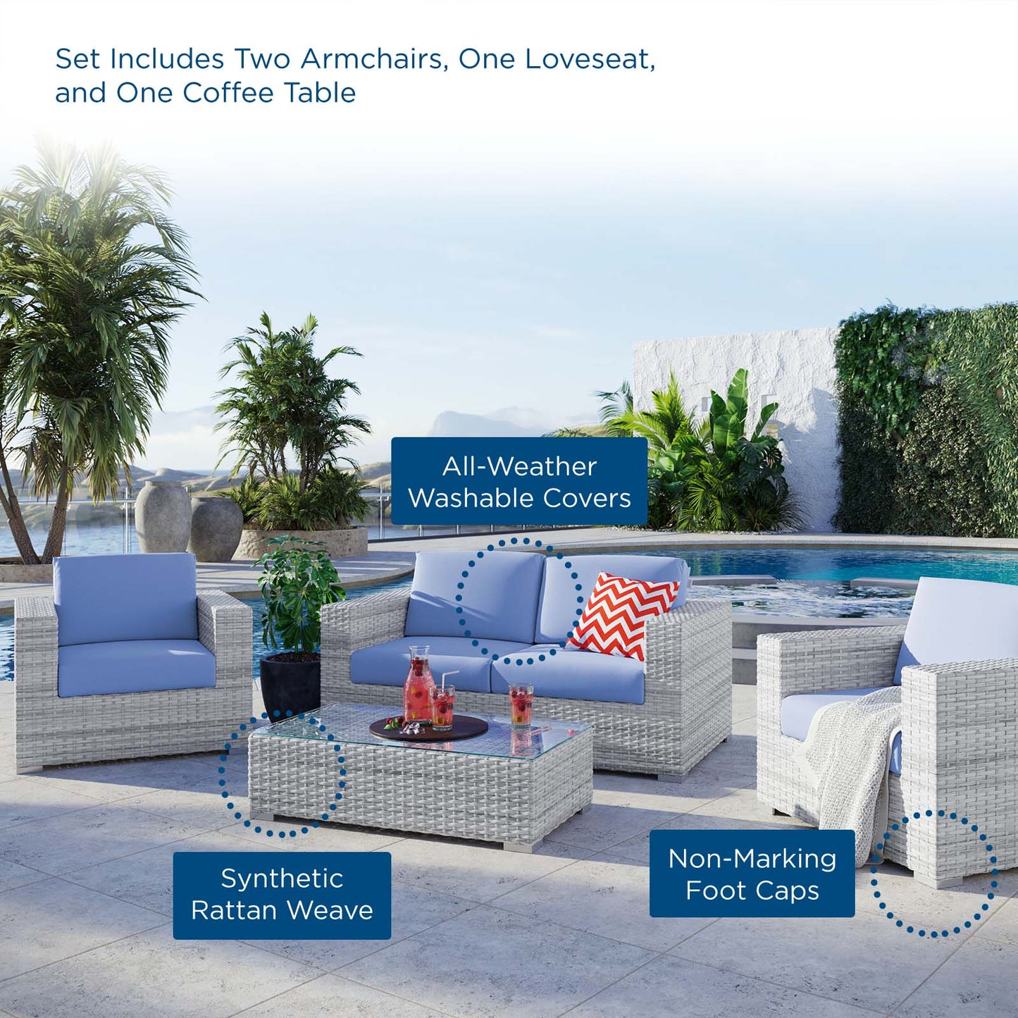 Convene 4-Piece Outdoor Patio Set, Rattan, Wicker, Light Grey Gray Light Blue, 21132