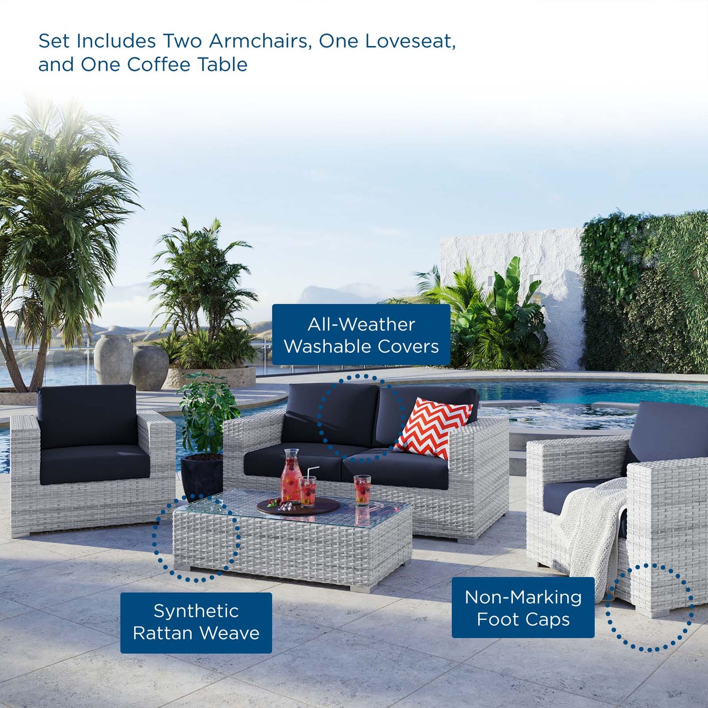 Convene 4-Piece Outdoor Patio Set, Rattan, Wicker, Light Grey Gray Blue Navy, 21133