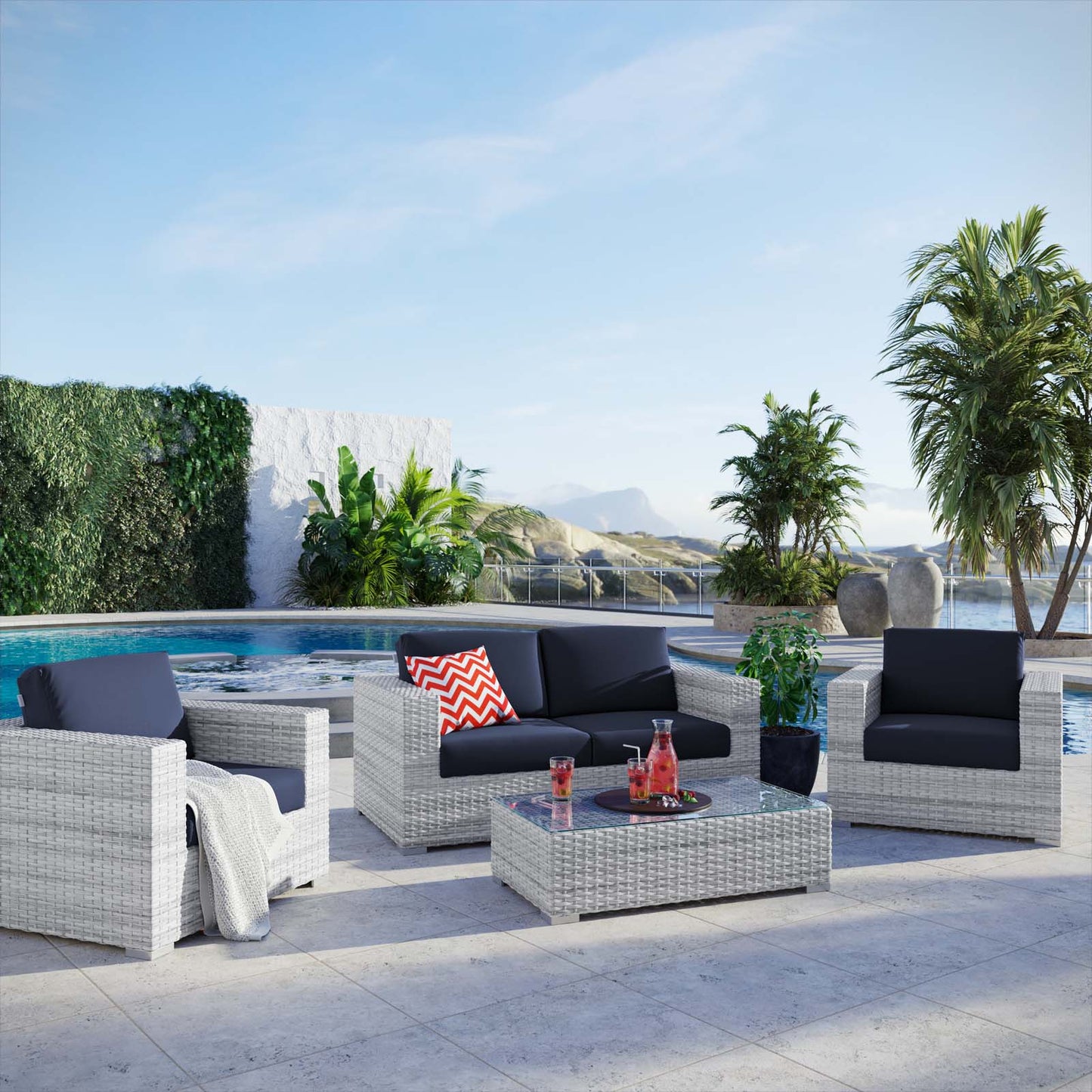Convene 4-Piece Outdoor Patio Set, Rattan, Wicker, Light Grey Gray Blue Navy, 21133