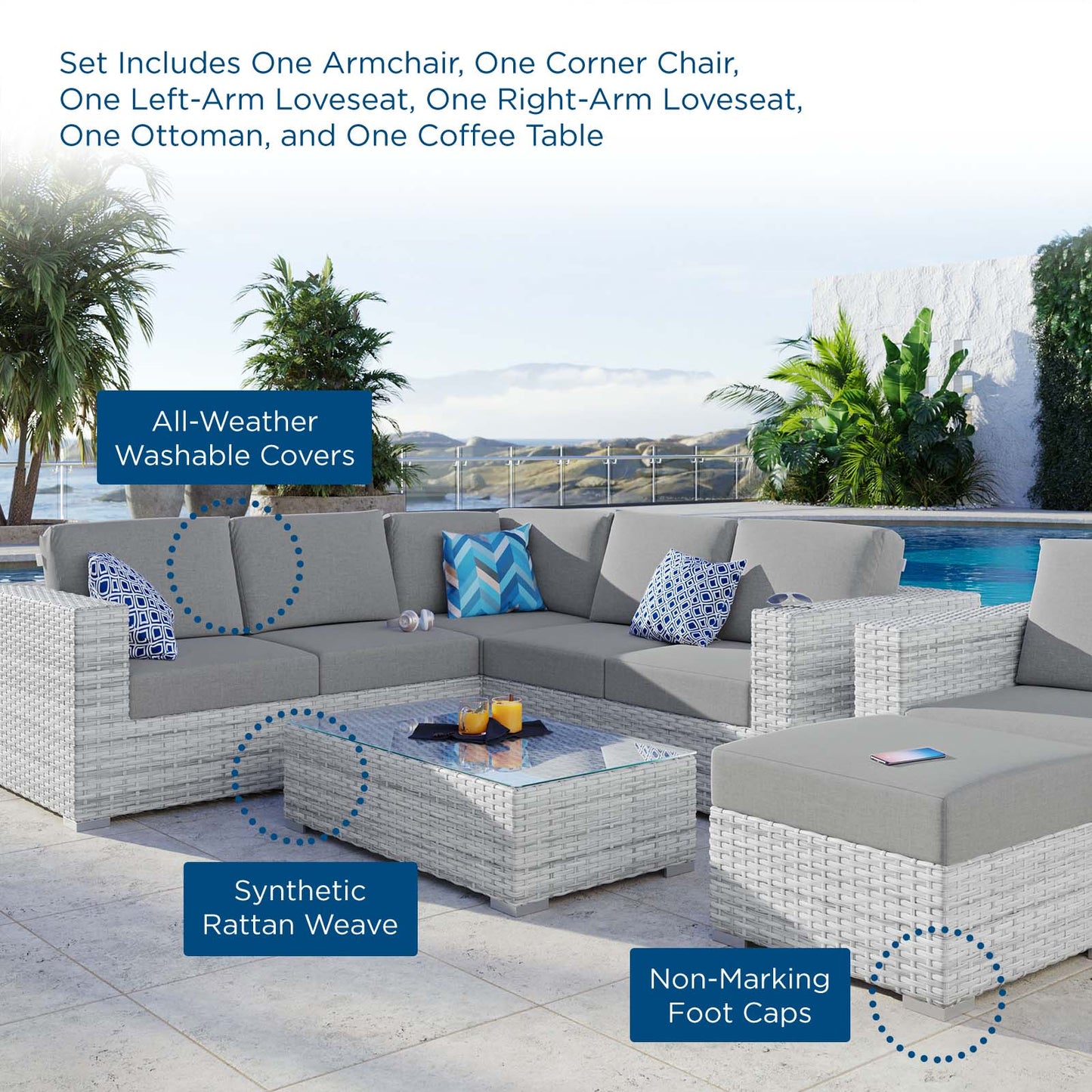 Convene 6-Piece Outdoor Patio Sectional Set, Rattan, Wicker, Grey Gray, 21136