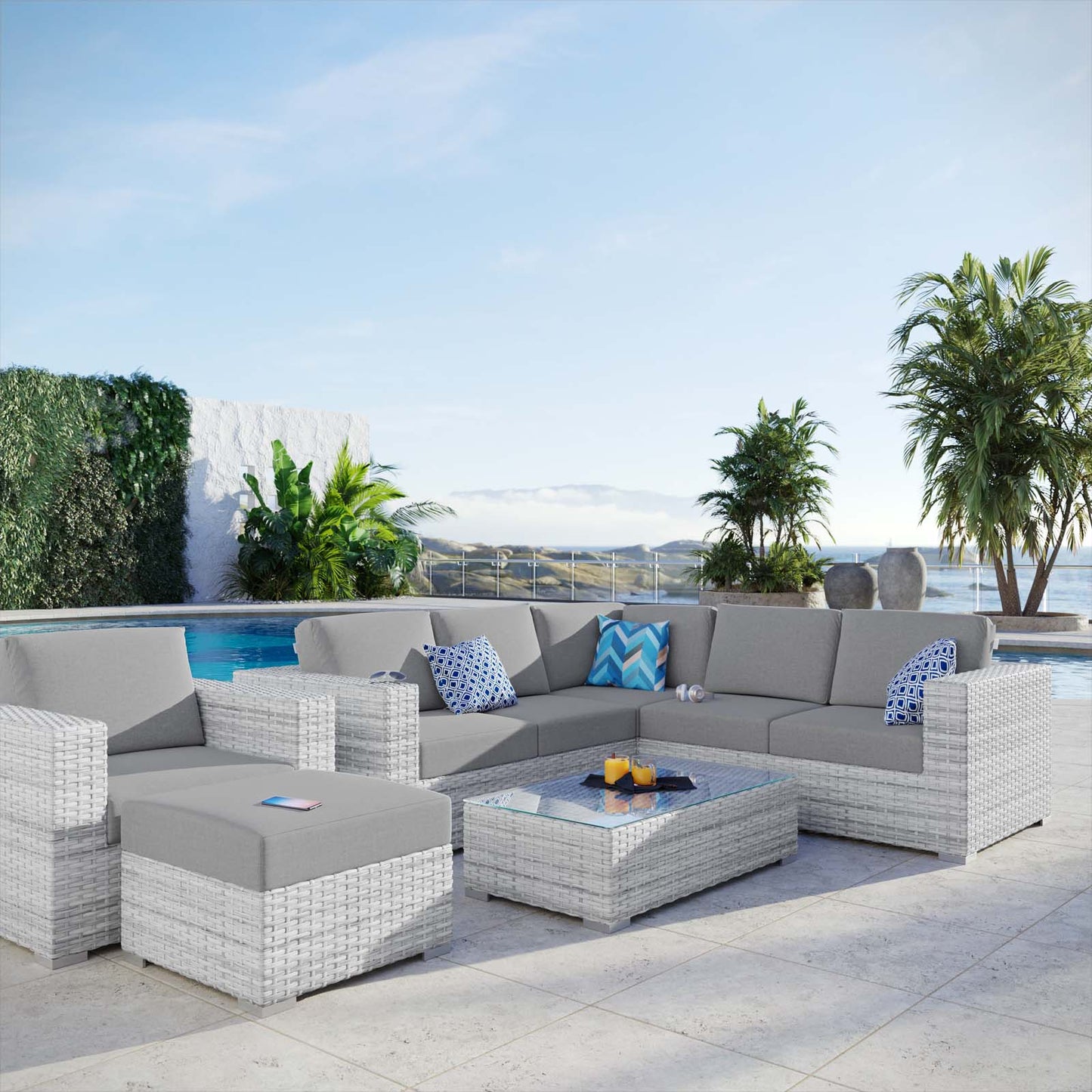 Convene 6-Piece Outdoor Patio Sectional Set, Rattan, Wicker, Grey Gray, 21136