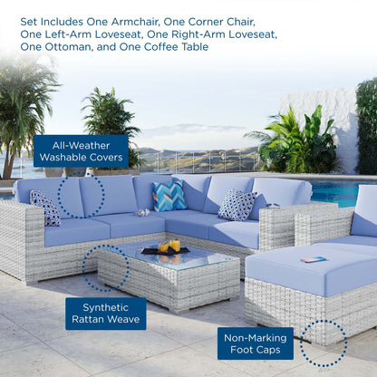 Convene 6-Piece Outdoor Patio Sectional Set, Rattan, Wicker, Light Grey Gray Light Blue, 21137