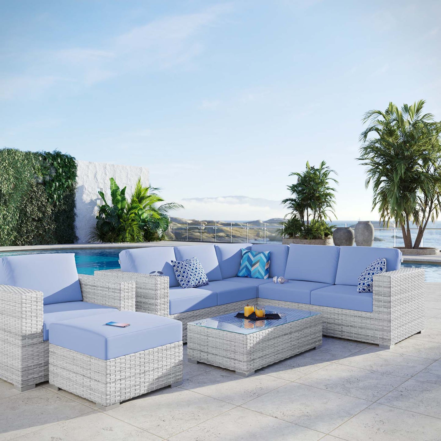 Convene 6-Piece Outdoor Patio Sectional Set, Rattan, Wicker, Light Grey Gray Light Blue, 21137