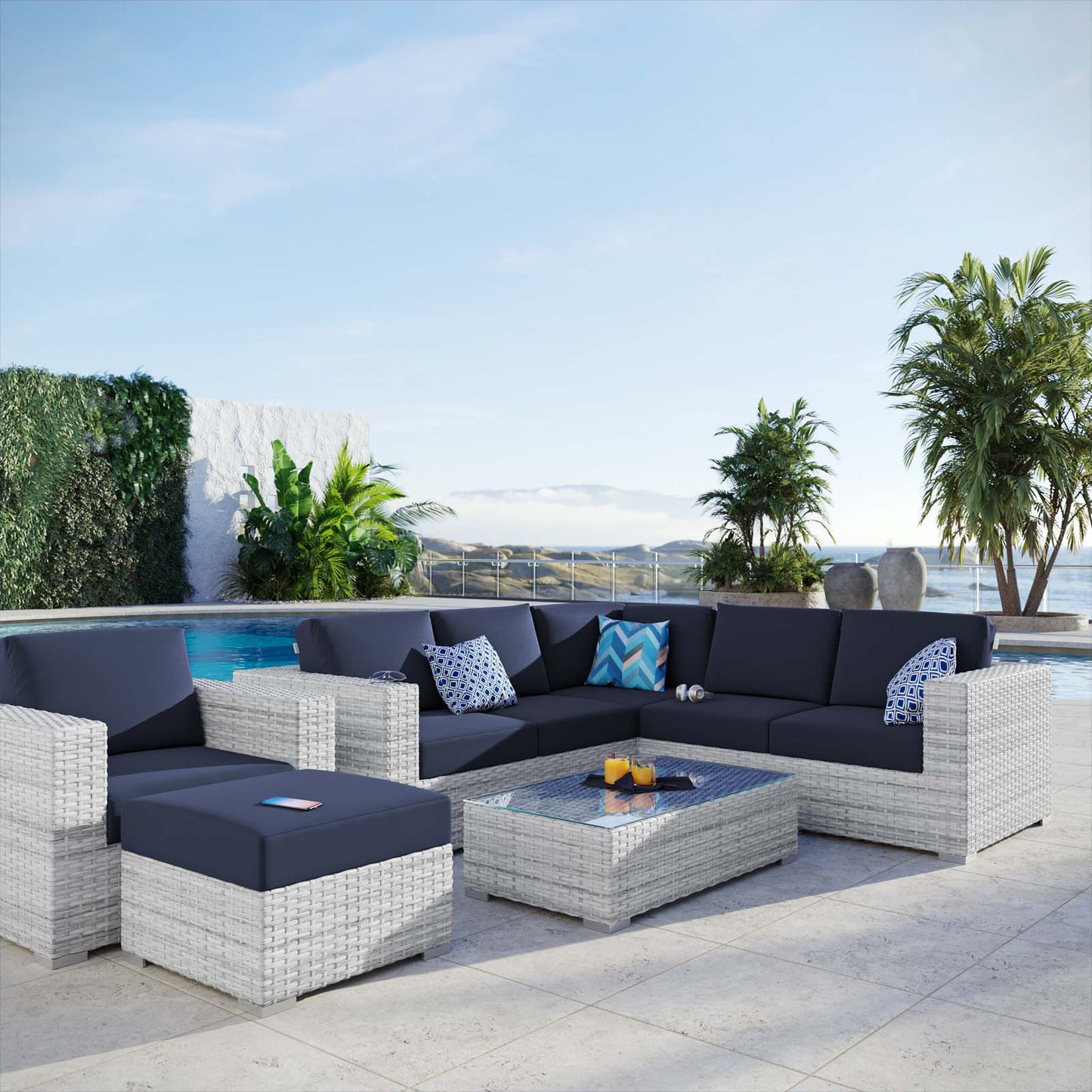 Convene 6-Piece Outdoor Patio Sectional Set, Rattan, Wicker, Light Grey Gray Blue Navy, 21138