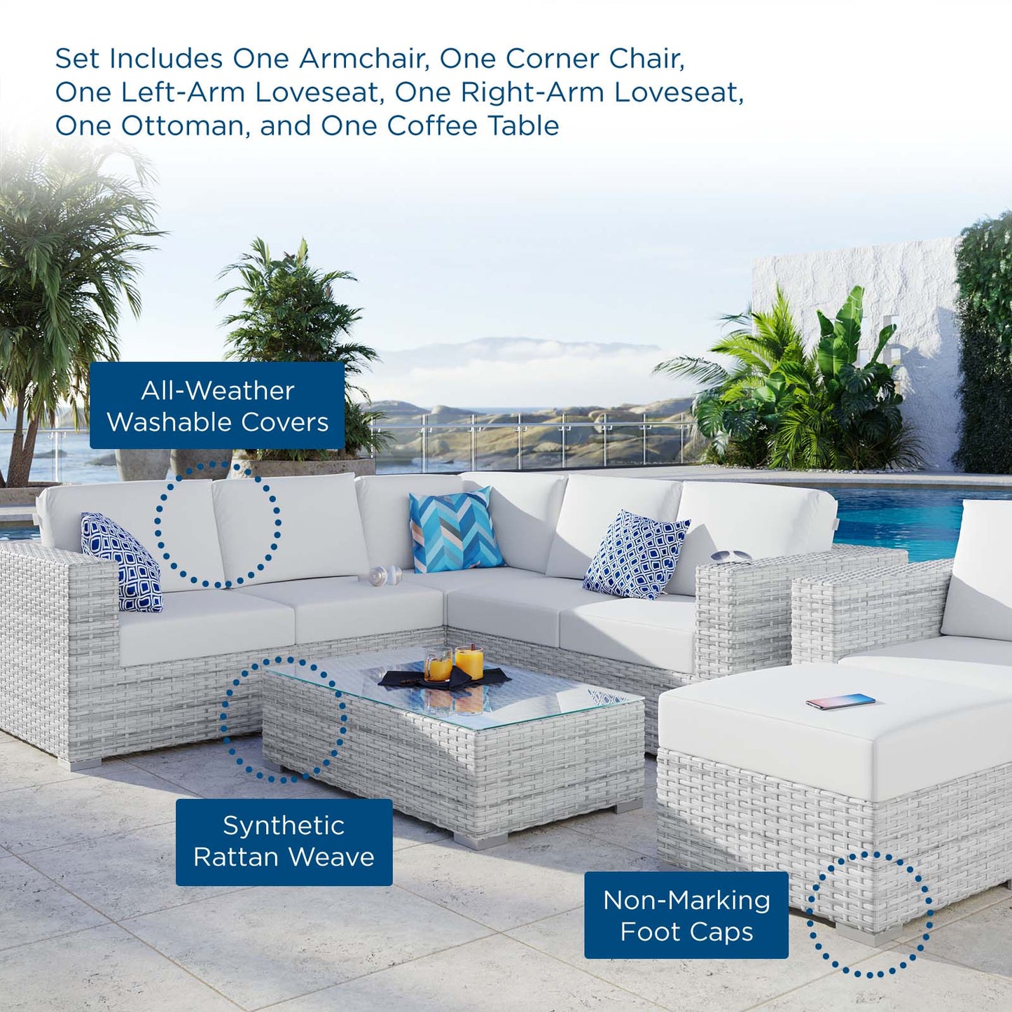 Convene 6-Piece Outdoor Patio Sectional Set, Rattan, Wicker, Light Grey Gray White, 21139