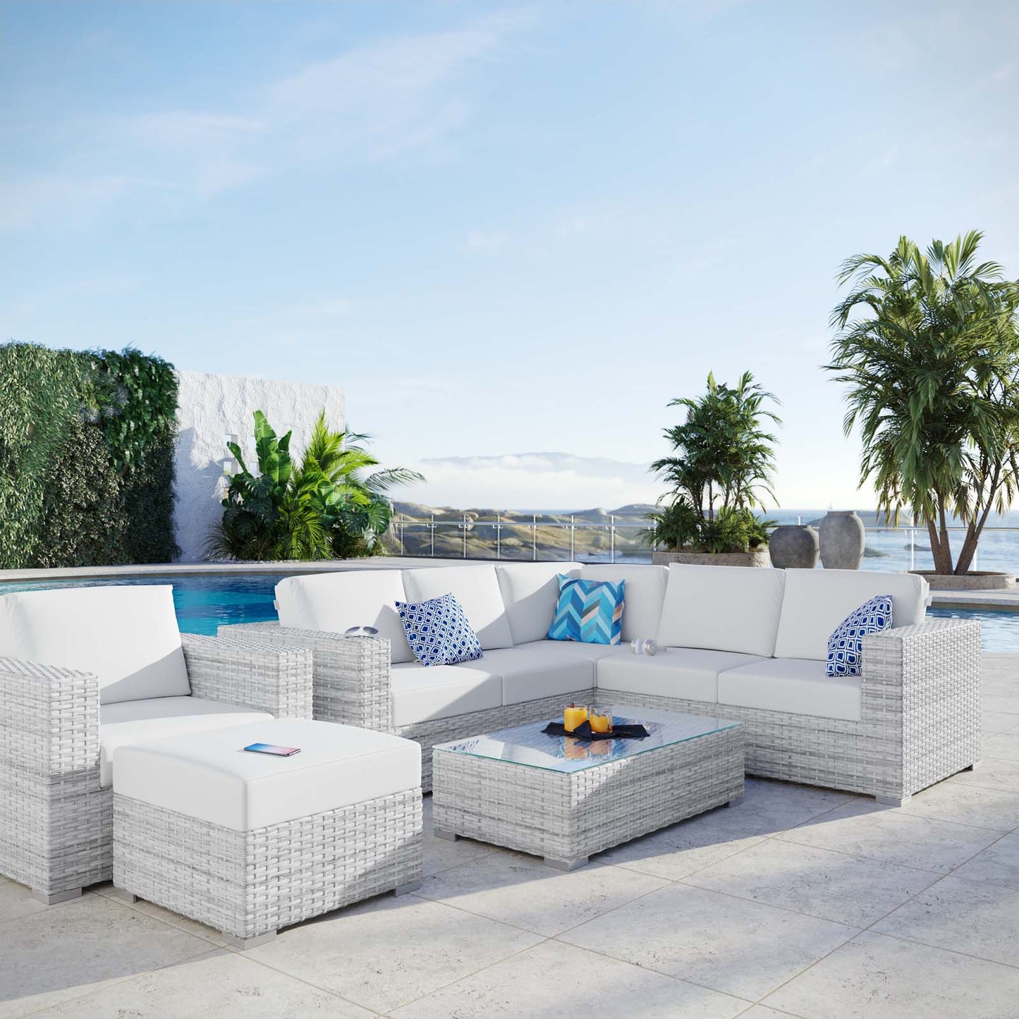 Convene 6-Piece Outdoor Patio Sectional Set, Rattan, Wicker, Light Grey Gray White, 21139