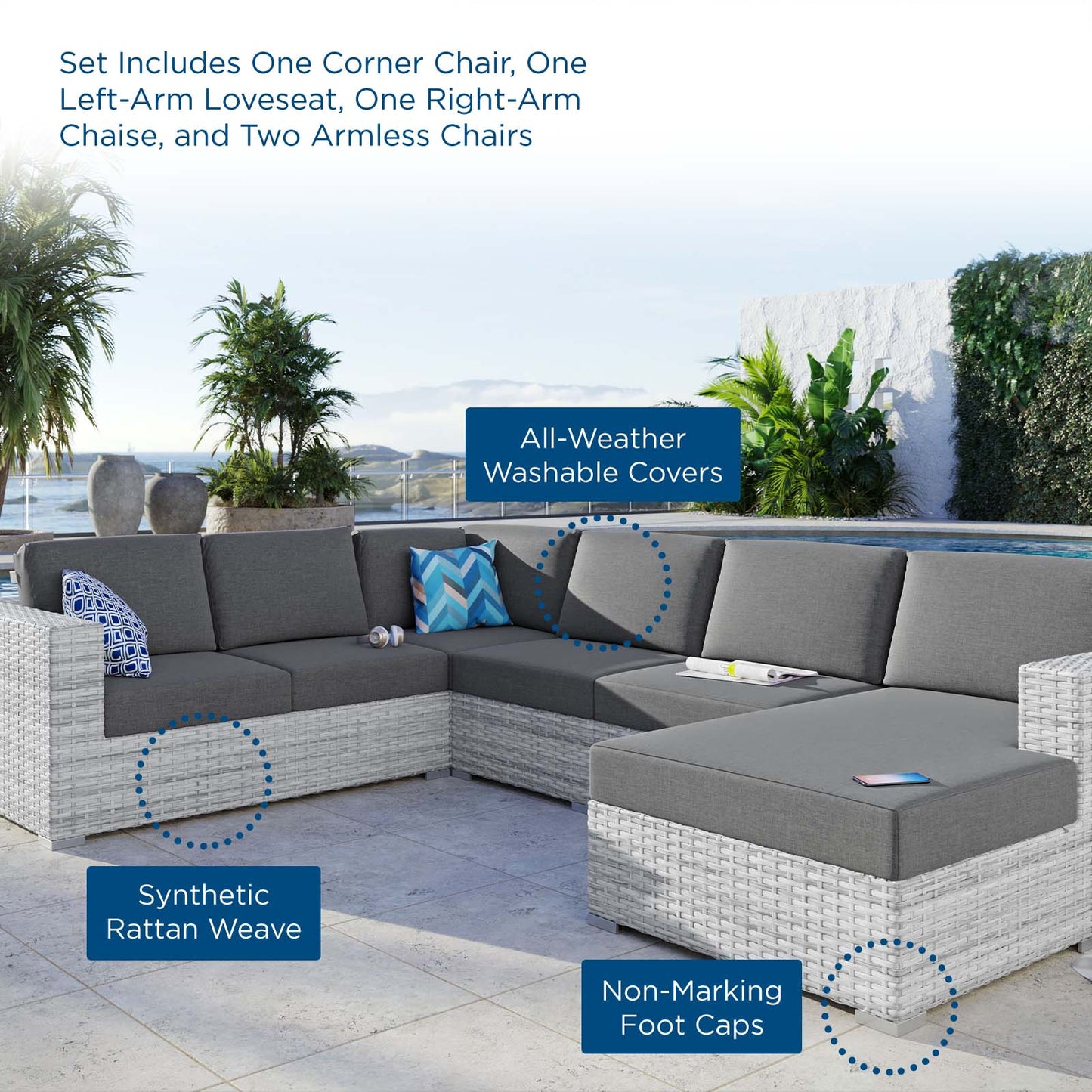 Convene 5-Piece Outdoor Patio Sectional Set, Rattan, Wicker, Grey Gray, 21140