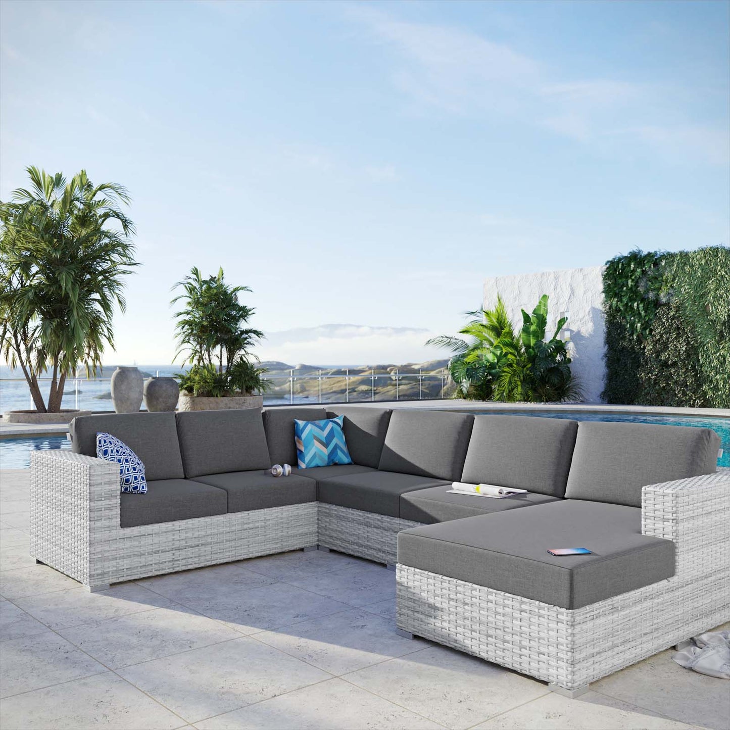 Convene 5-Piece Outdoor Patio Sectional Set, Rattan, Wicker, Grey Gray, 21140