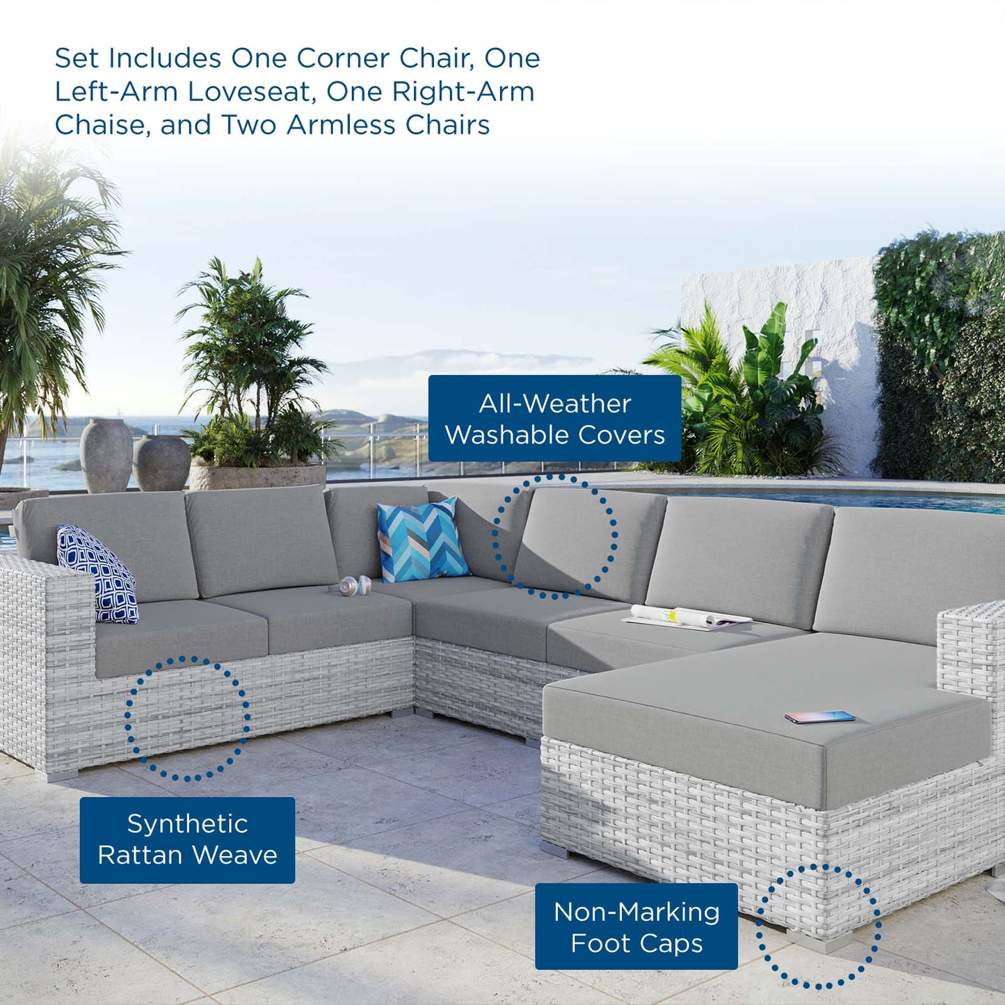 Convene 5-Piece Outdoor Patio Sectional Set, Rattan, Wicker, Grey Gray, 21141