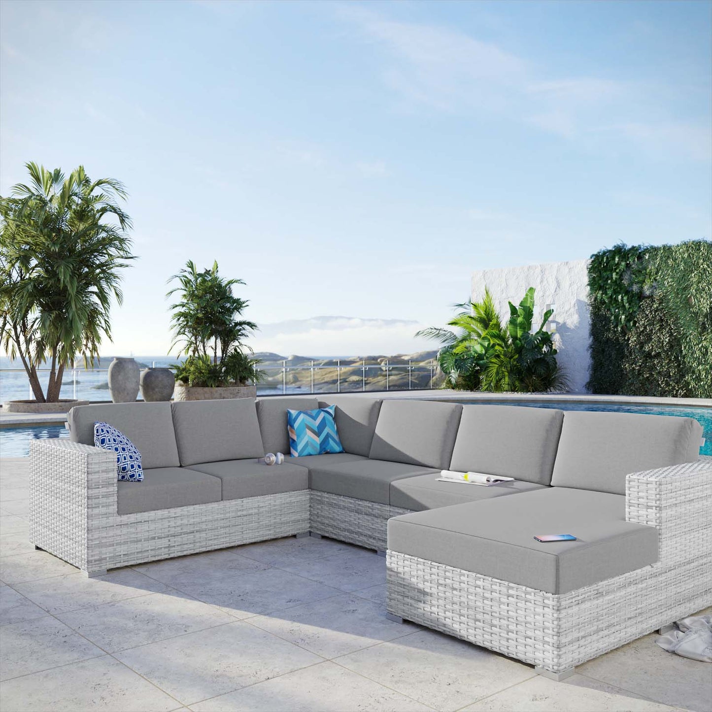 Convene 5-Piece Outdoor Patio Sectional Set, Rattan, Wicker, Grey Gray, 21141