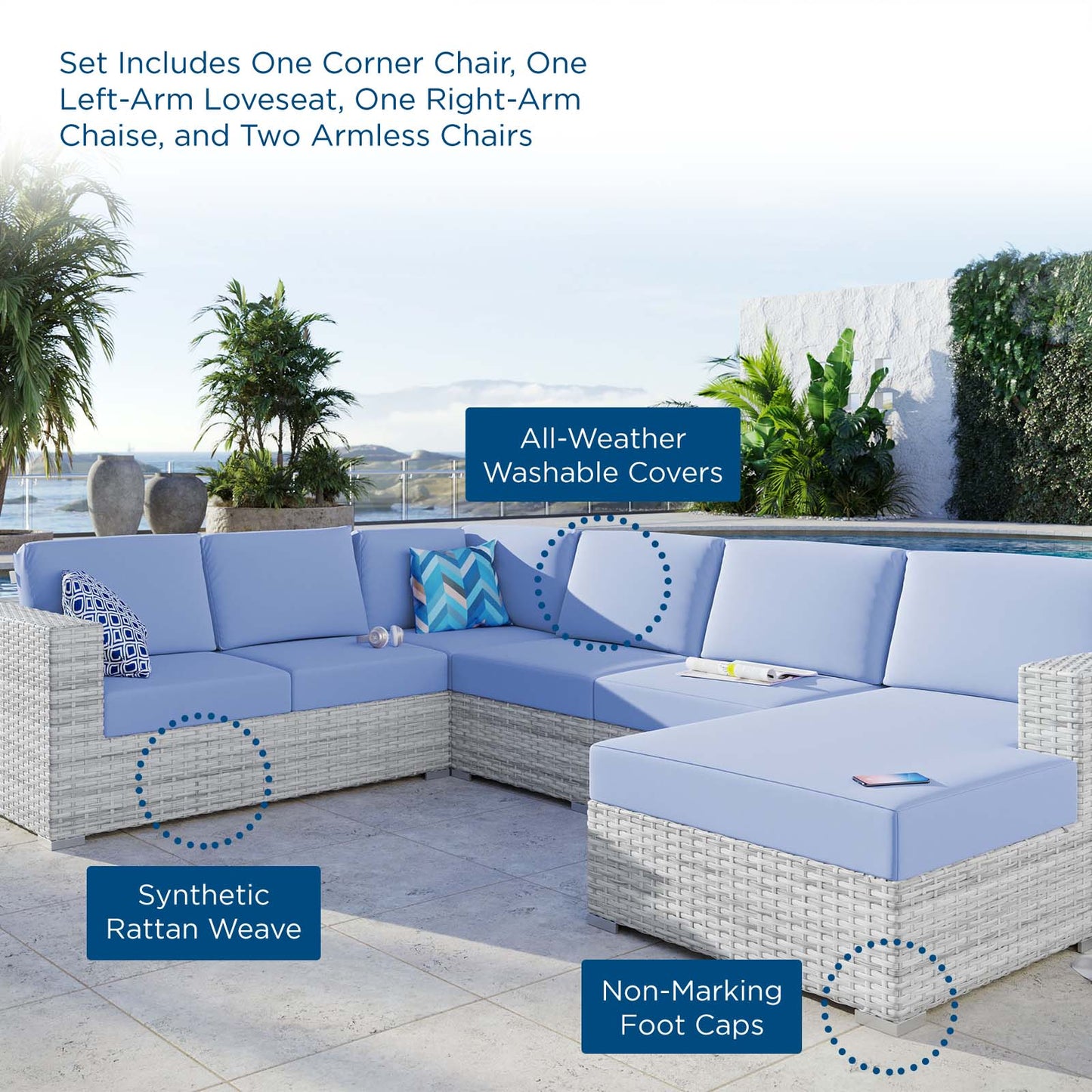 Convene 5-Piece Outdoor Patio Sectional Set, Rattan, Wicker, Light Grey Gray Light Blue, 21142